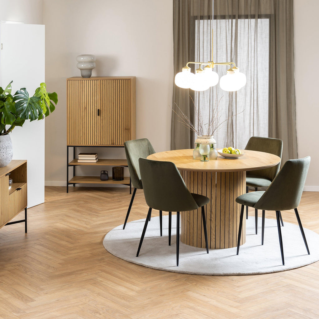 Yale Dining Table in Oak 120cm includes 4 Ines Dining Chairs in Olive Green