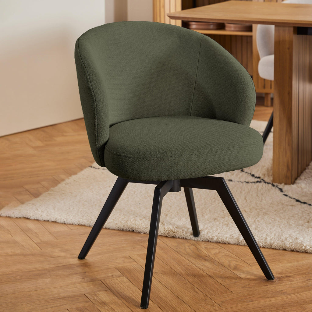 Soli Round Dining Table in Oak/Black 120cm includes 4 Darlene Dining Chairs with Armrest and Swivel Function in Green - image