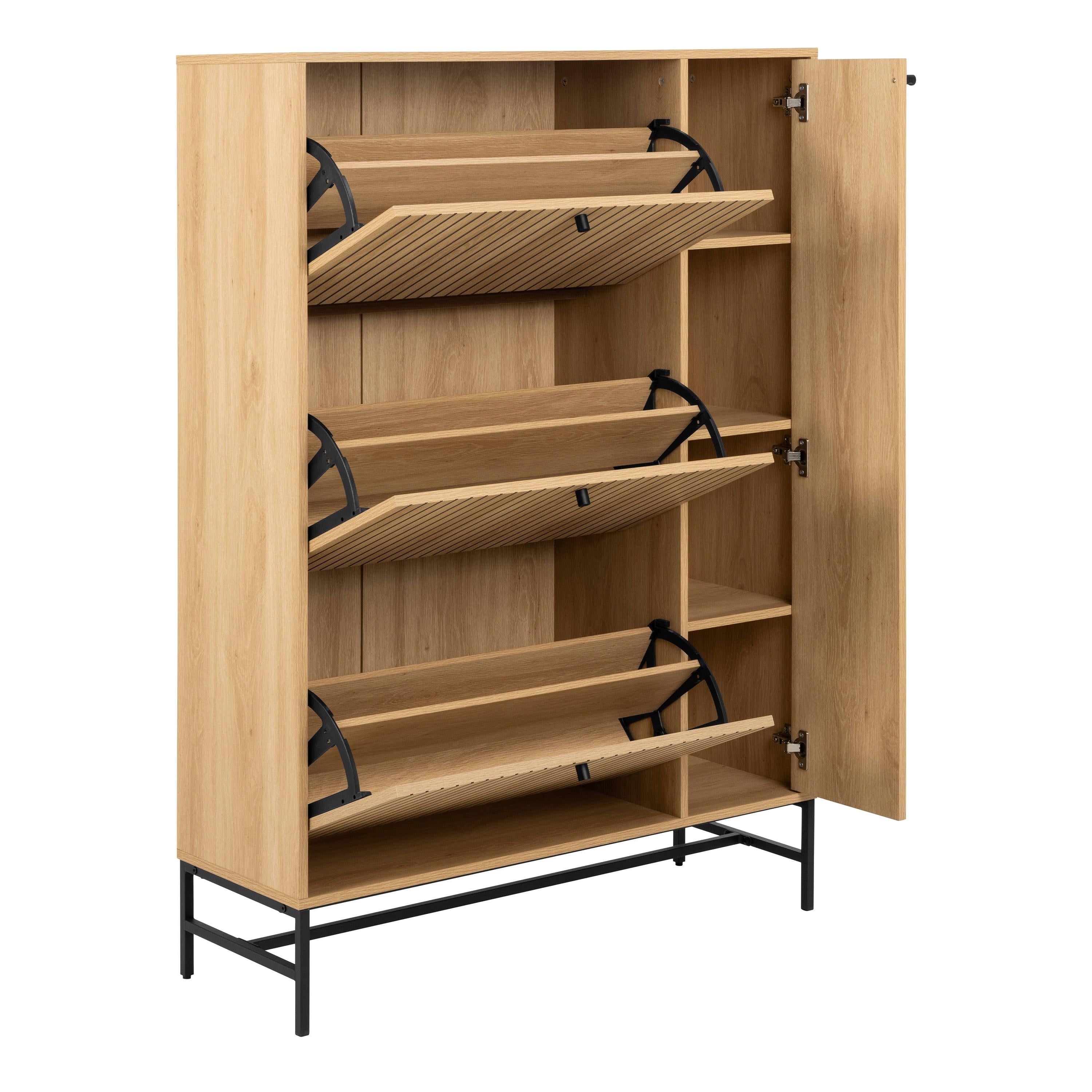 Albany Shoe Cabinet 3 Flip Down Doors 1 Pull Open Door in Oak/Black Legs - image 4