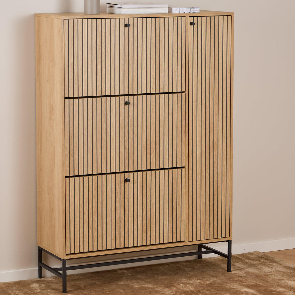 Albany Shoe Cabinet 3 Flip Down Doors 1 Pull Open Door in Oak/Black Legs - image 5