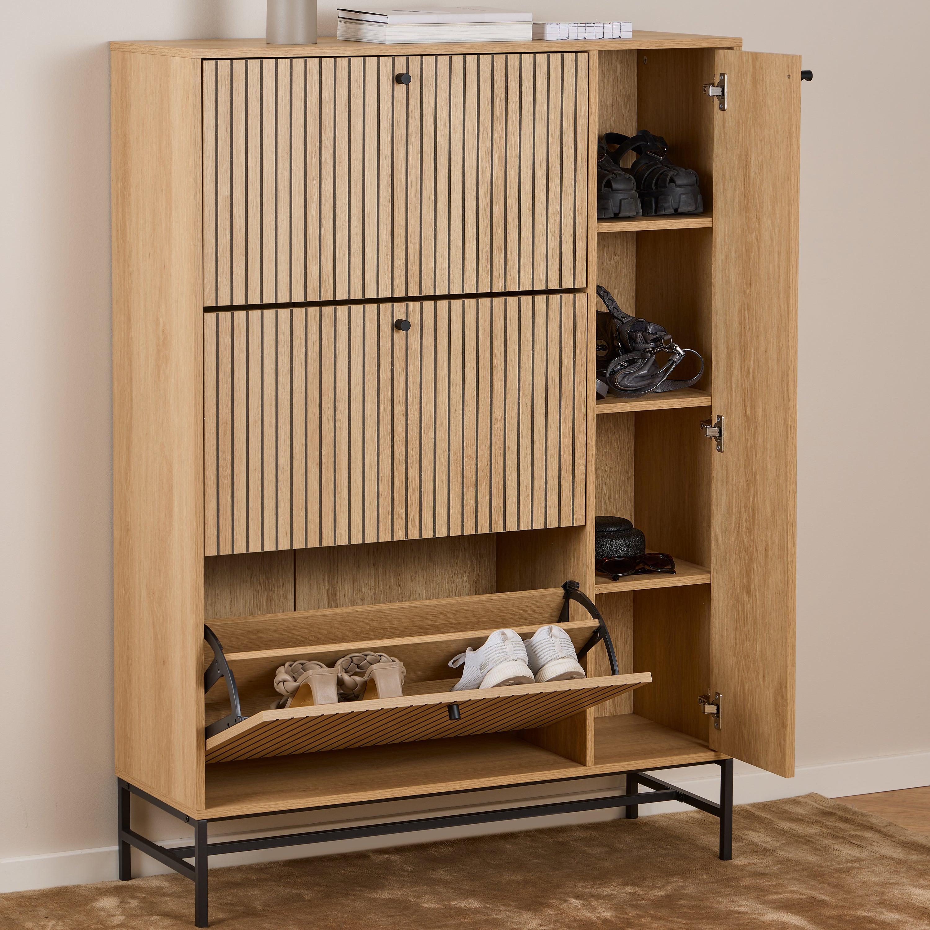 Albany Shoe Cabinet 3 Flip Down Doors 1 Pull Open Door in Oak/Black Legs - image 6