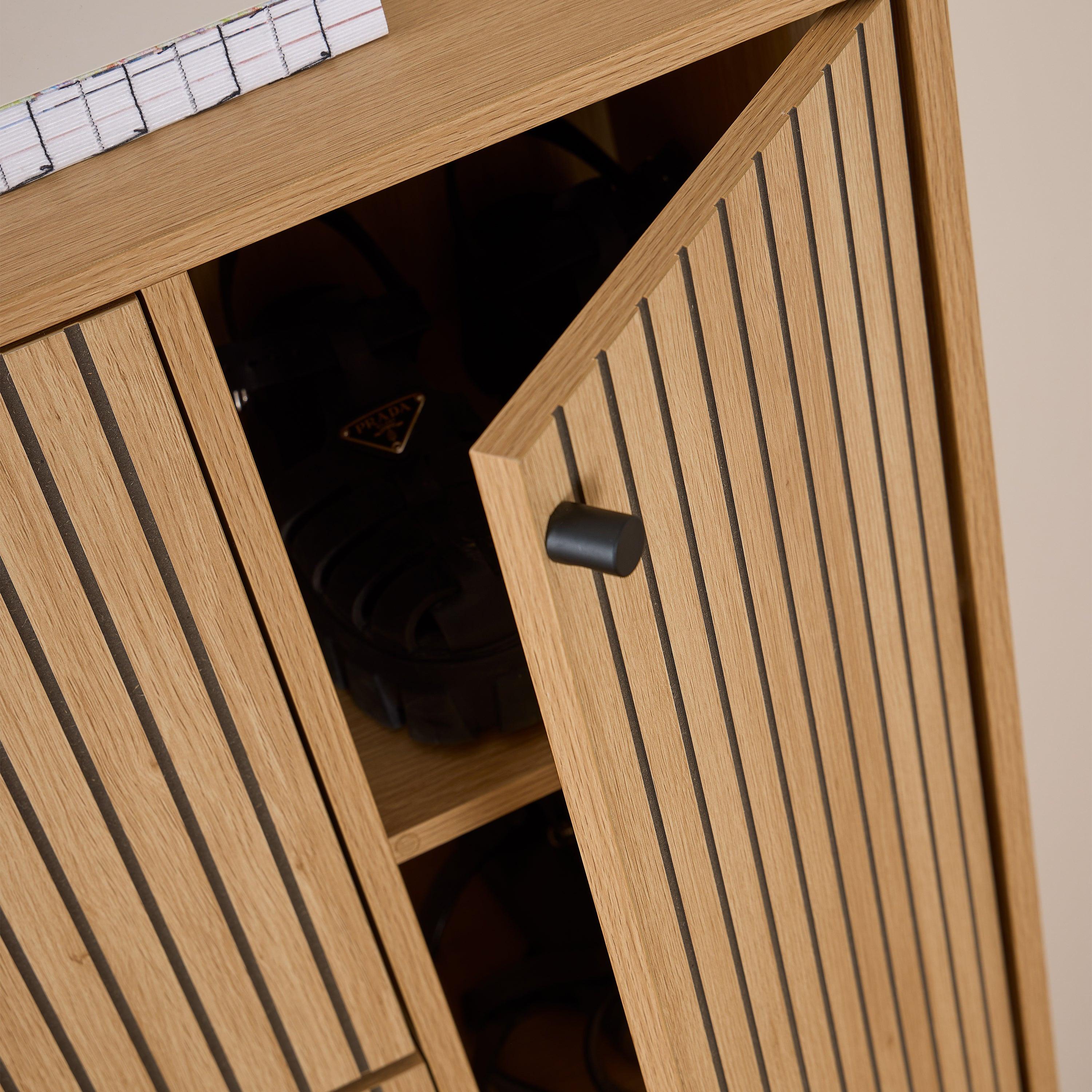 Albany Shoe Cabinet 3 Flip Down Doors 1 Pull Open Door in Oak/Black Legs - image 7