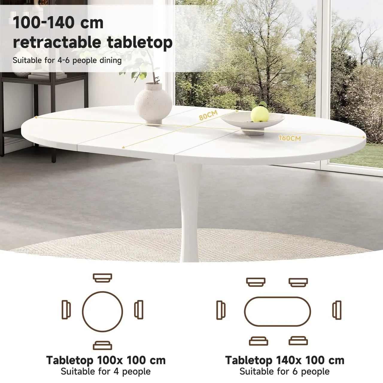 Modern Extendable Round Dining Table, Space Saving Design With Smooth Extension Mechanism, Ideal For 4-6 People,Contemporary Style,White Haslam Living