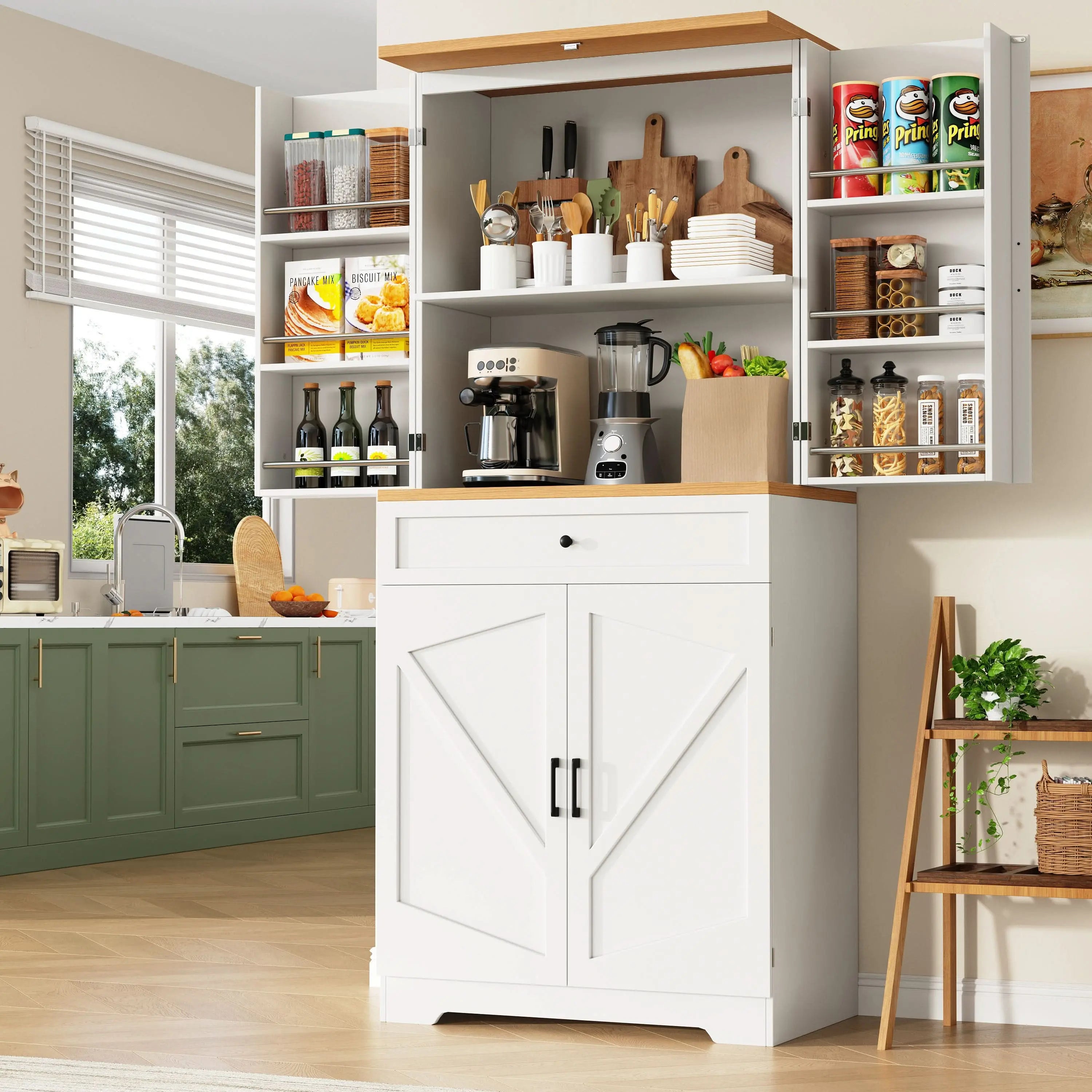 Snack Cabinet, Kitchen Cabinet, Tall Kitchen Sideboard, Storage Sideboard, Kitchen Sideboard With Door Frame, White, Suitable For Living Room, Kitchen, Dining Room Haslam Living