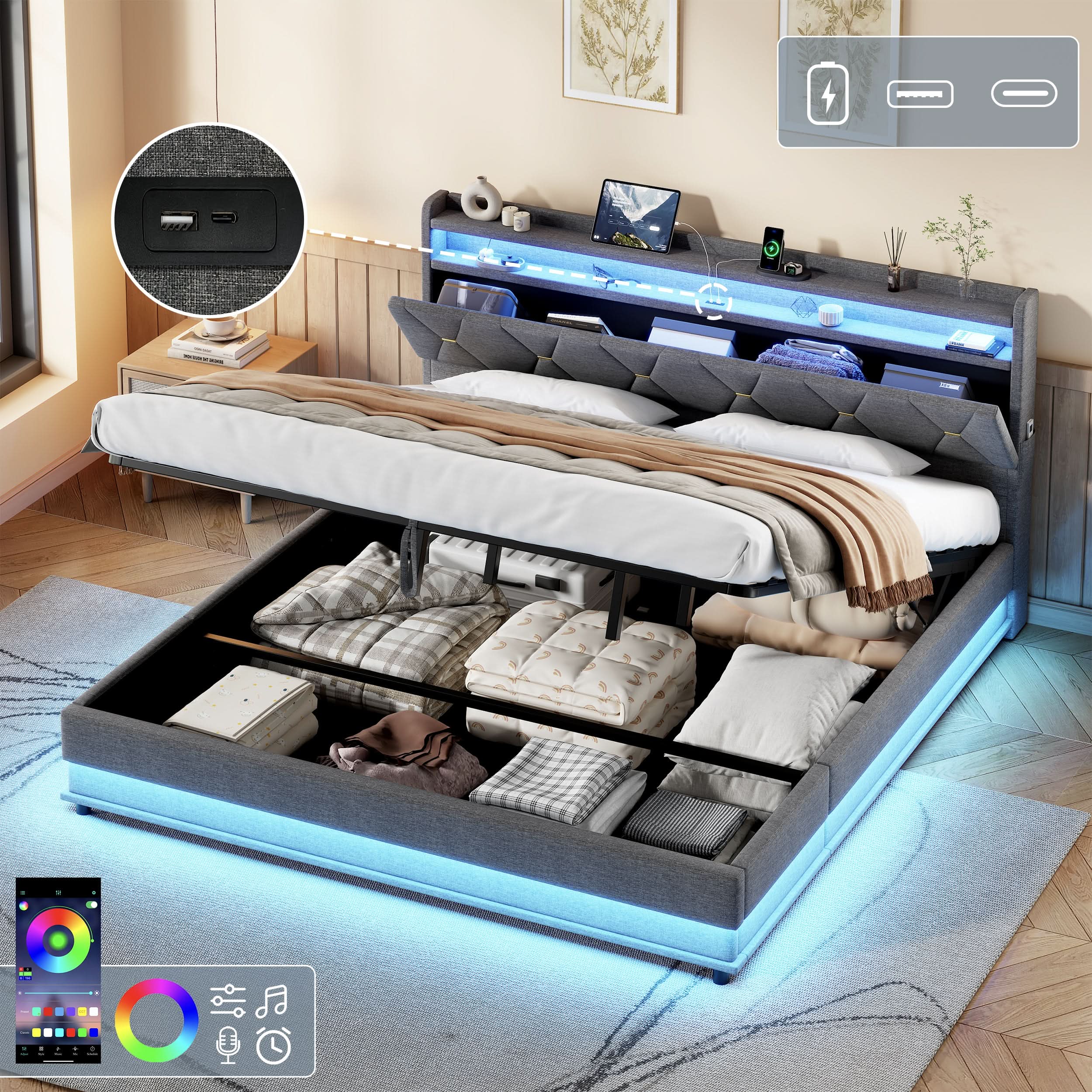 6ft Super King Upholstered Bed Frame With Hydraulic Storage, LED Headboard With Charging Station And Concealed Headboard Storage, USB And Type - C Ports, Linen, Grey, No Mattress Haslam Living