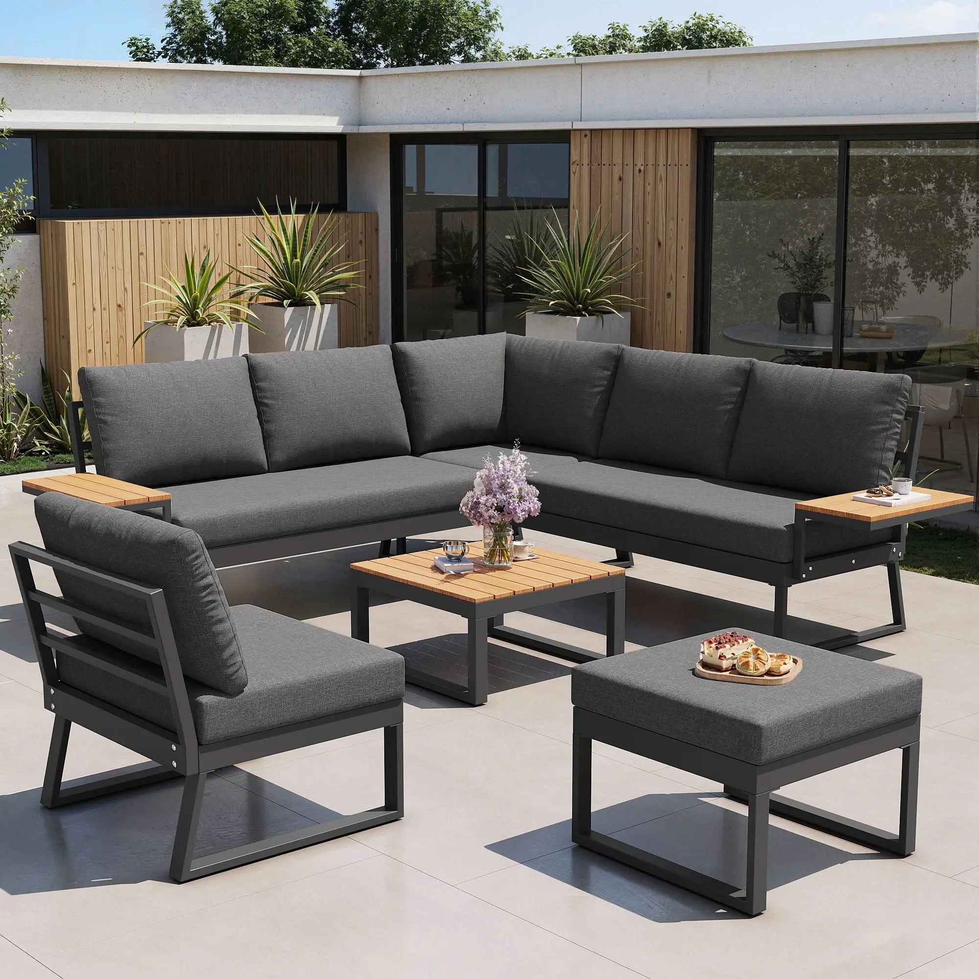 L-Shaped Garden Sofa Set With Wooden Armrests  Weather-Resistant Corner Suite & Daybed Made Of Iron  Including Wooden Table, Armchair & Stool, 7-Person  With Cushions  Gray Haslam Living