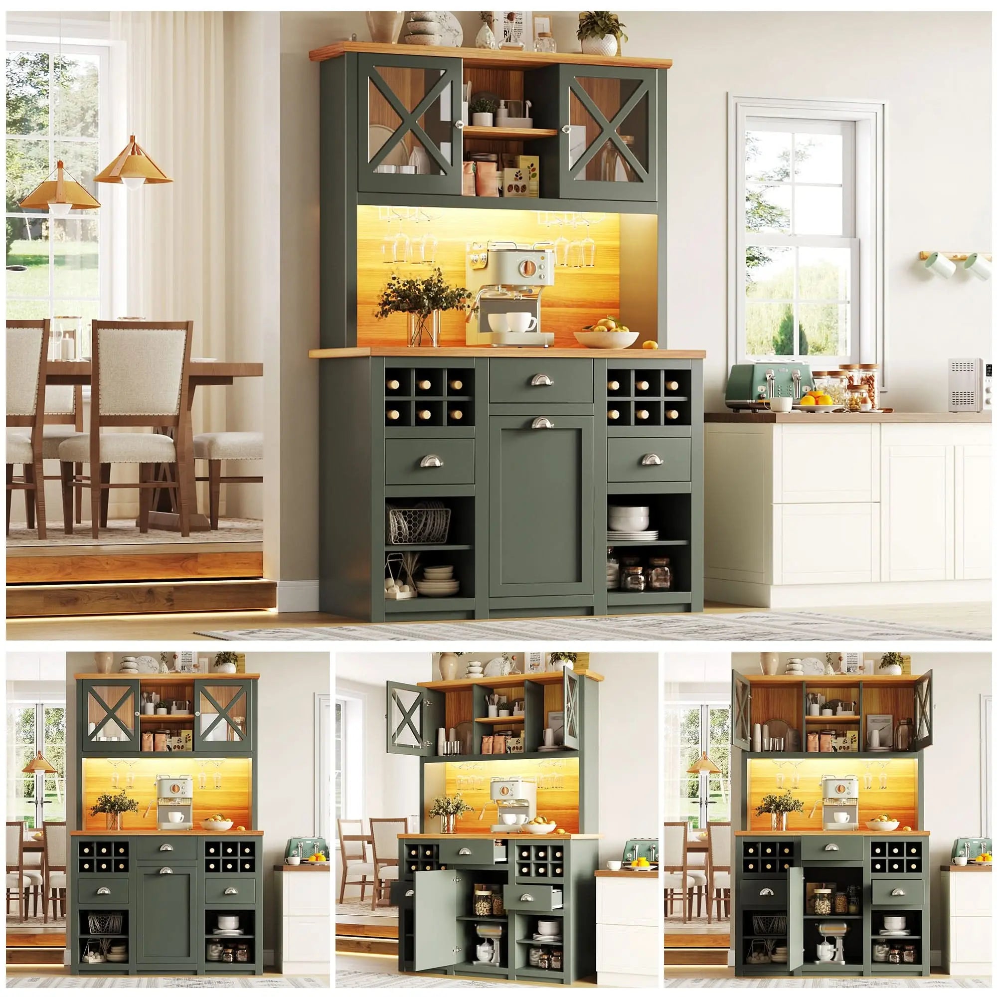 Kitchen Cabinets , Tall Kitchen Cabinets, Sideboards, Kitchen Cabinets With Glass Doors And LED Lighting, Side Cabinet With Wine Rack, Adjustable Shelves, Green Haslam Living