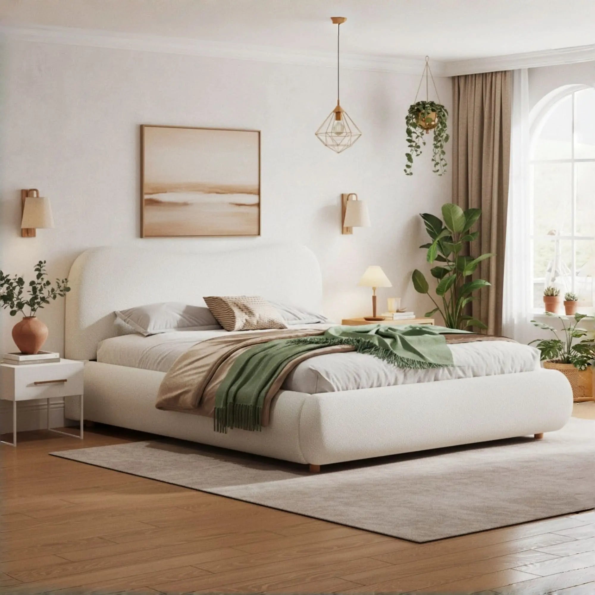 Upholstered Bed Frame with Curved Headboard & Boucle Fabric | Elegant Design for Comfort and Storage Haslam Living