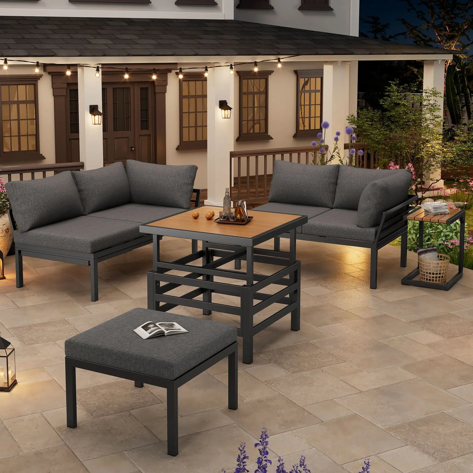 Outdoor Patio Furniture Set  2 Double Sofas  1 Ottoman , 1 Plastic Lift-Top Coffee Table, Galvanized Iron Frame, With Seat Cushions & Pillows, Includes Small Side Table With Extendable Tabletop Haslam Living