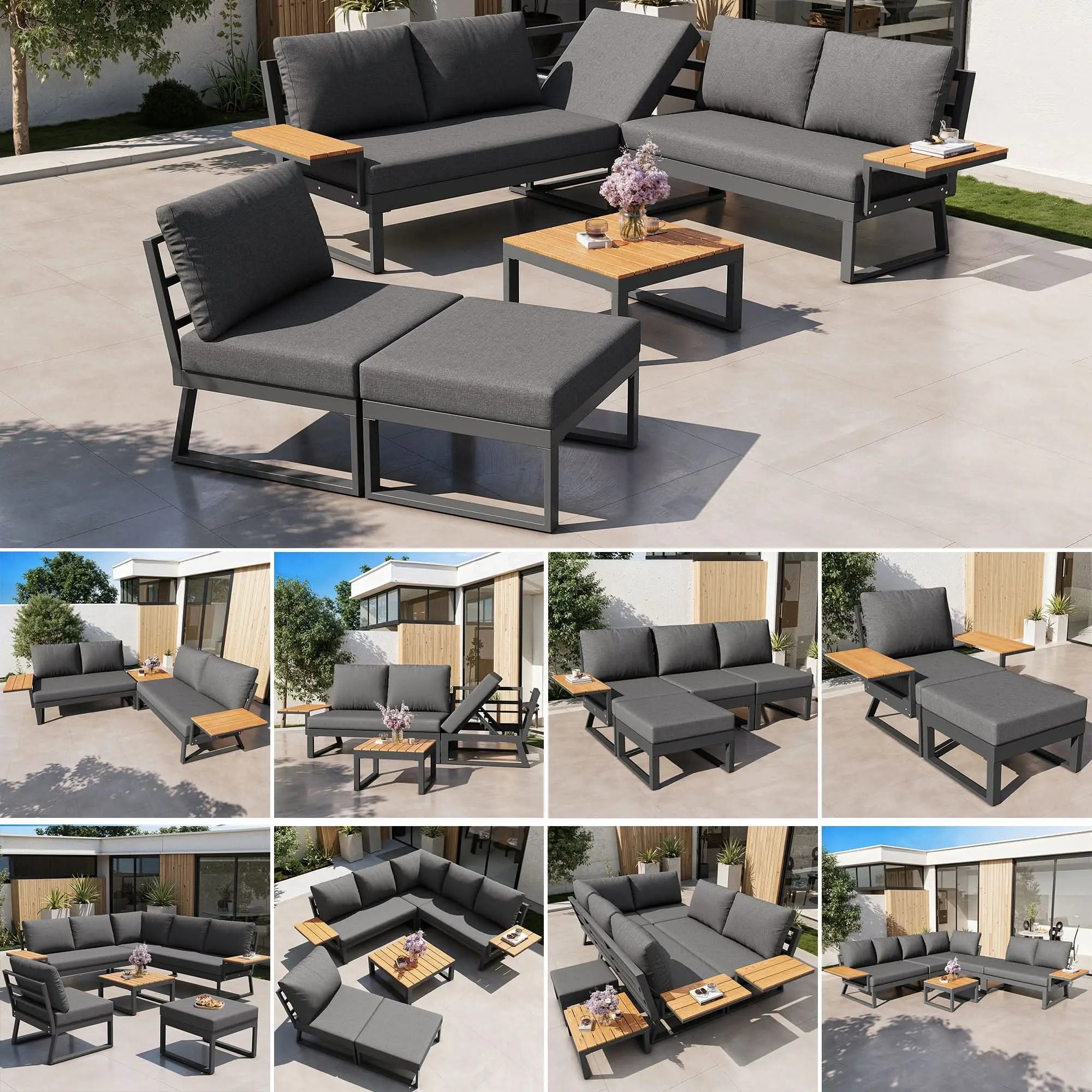 L-Shaped Garden Sofa Set With Wooden Armrests  Weather-Resistant Corner Suite & Daybed Made Of Iron  Including Wooden Table, Armchair & Stool, 7-Person  With Cushions  Gray Haslam Living