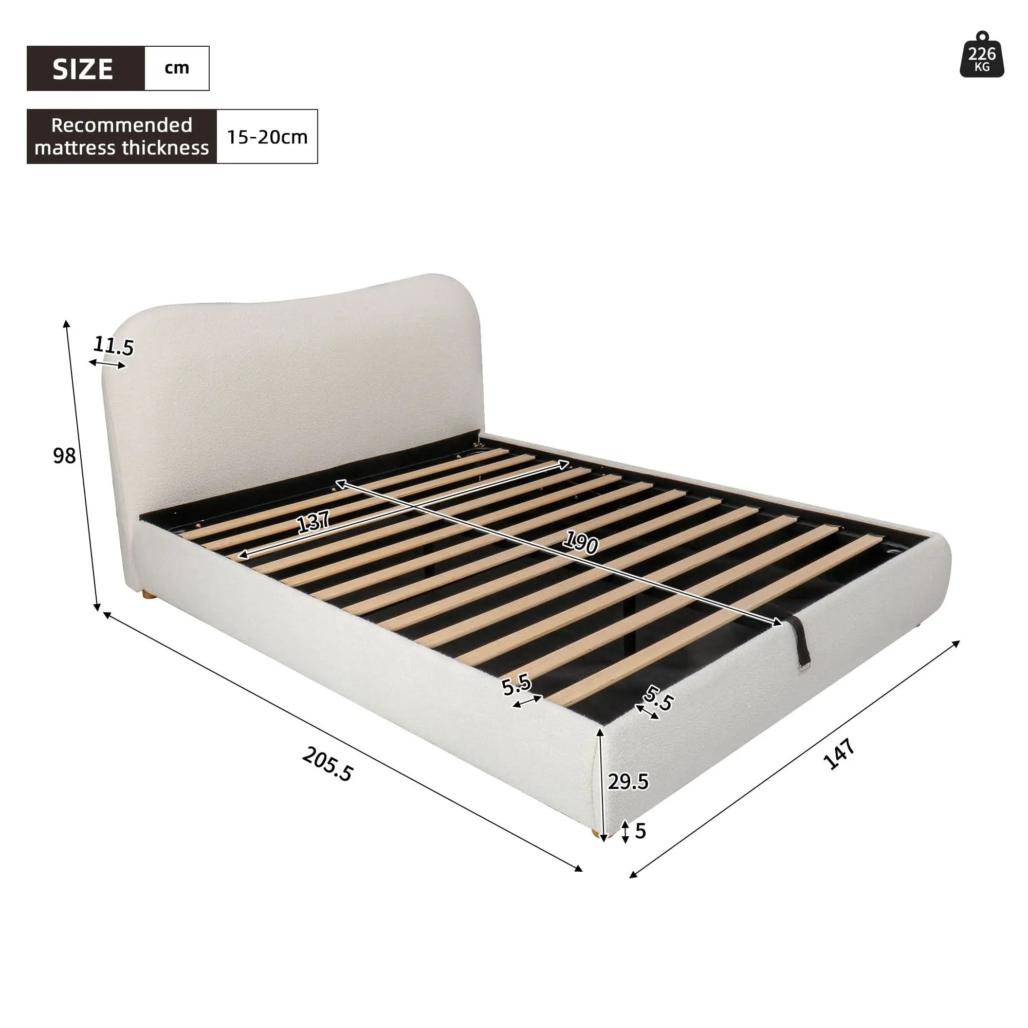 4ft6ft Ottoman Storage Bed Frame With Curved Shaped Headboard, Soft Rounded Corners, Double Upholstered Bed Frame With Boucle Fabric, Warm White Haslam Living