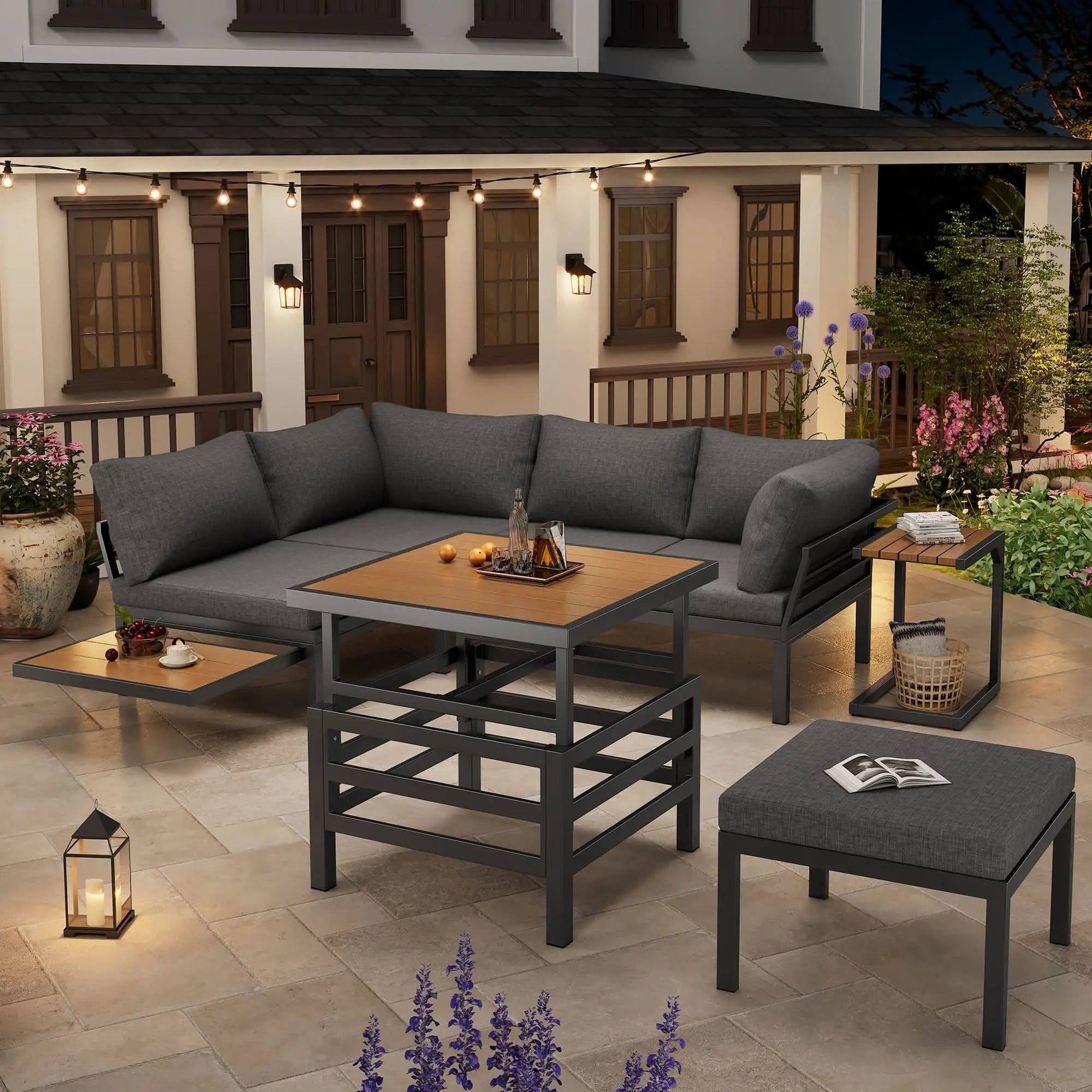 Outdoor Patio Furniture Set  2 Double Sofas  1 Ottoman , 1 Plastic Lift-Top Coffee Table, Galvanized Iron Frame, With Seat Cushions & Pillows, Includes Small Side Table With Extendable Tabletop Haslam Living