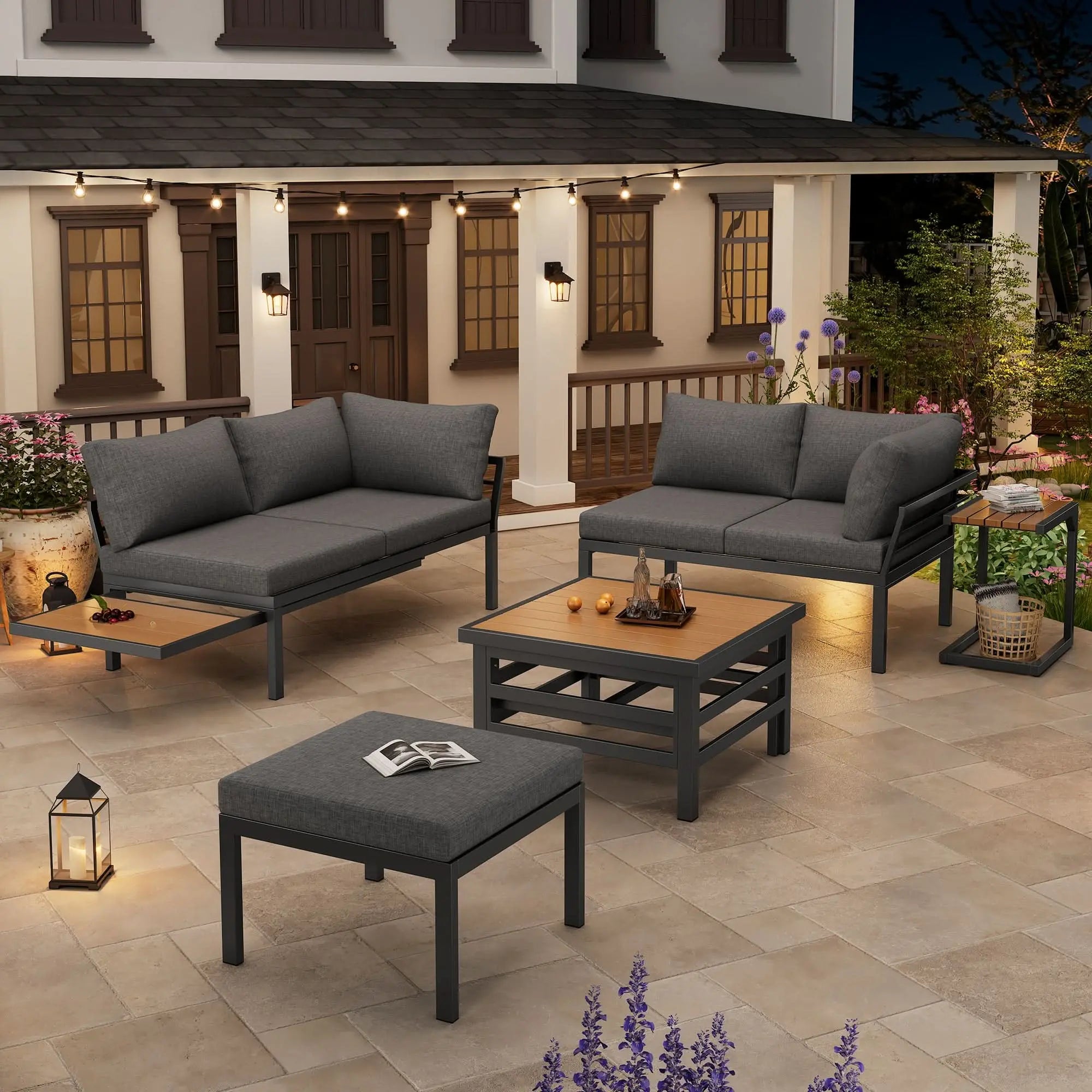 Outdoor Patio Furniture Set  2 Double Sofas  1 Ottoman , 1 Plastic Lift-Top Coffee Table, Galvanized Iron Frame, With Seat Cushions & Pillows, Includes Small Side Table With Extendable Tabletop Haslam Living