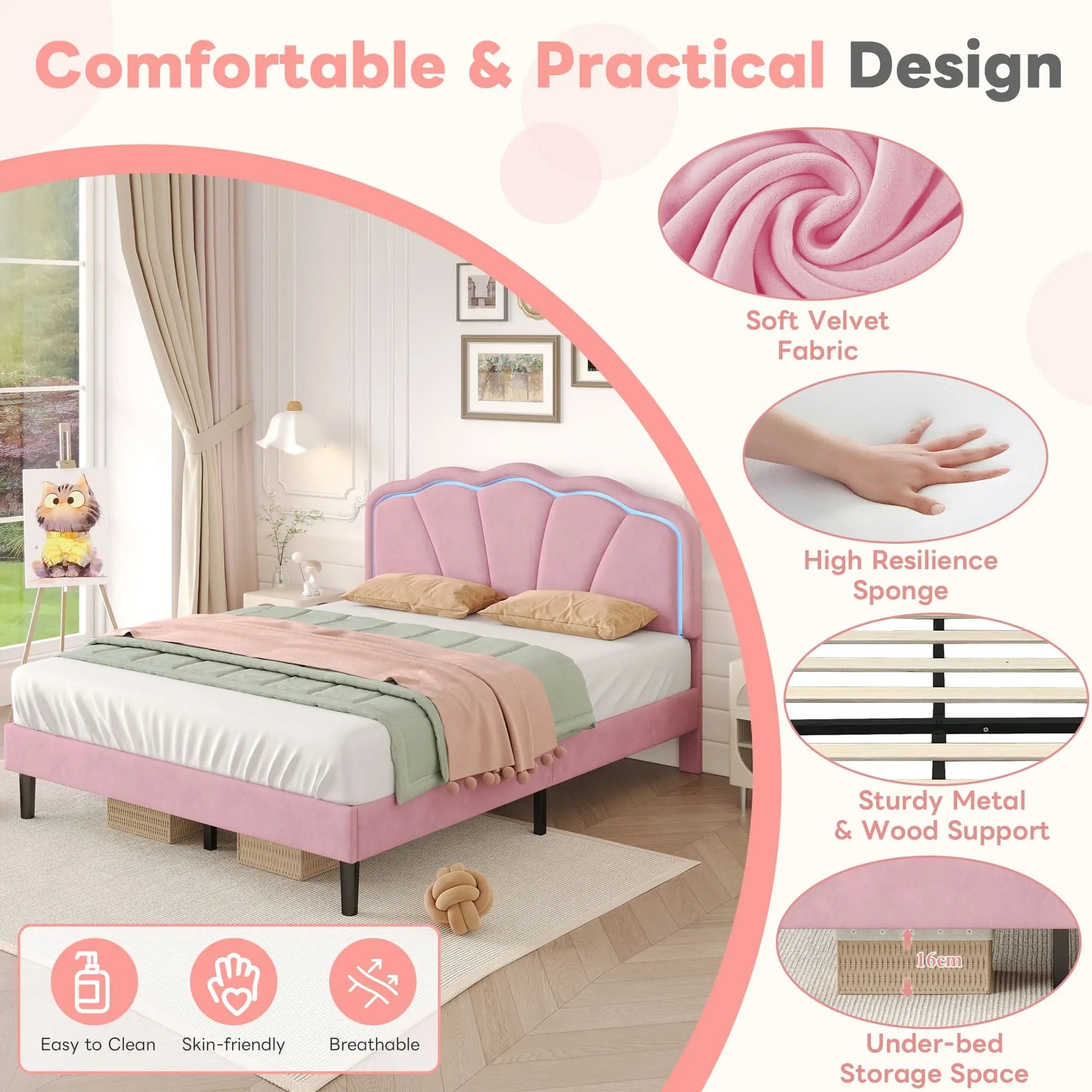 4ft6 Double Upholstered Bed With LED Adjustable Shell Shape Headboard, Soft Velvet Bed Frame With Solid Wood Slat, No Box Spring Needed, Easy Assembly,  No Mattress Haslam Living