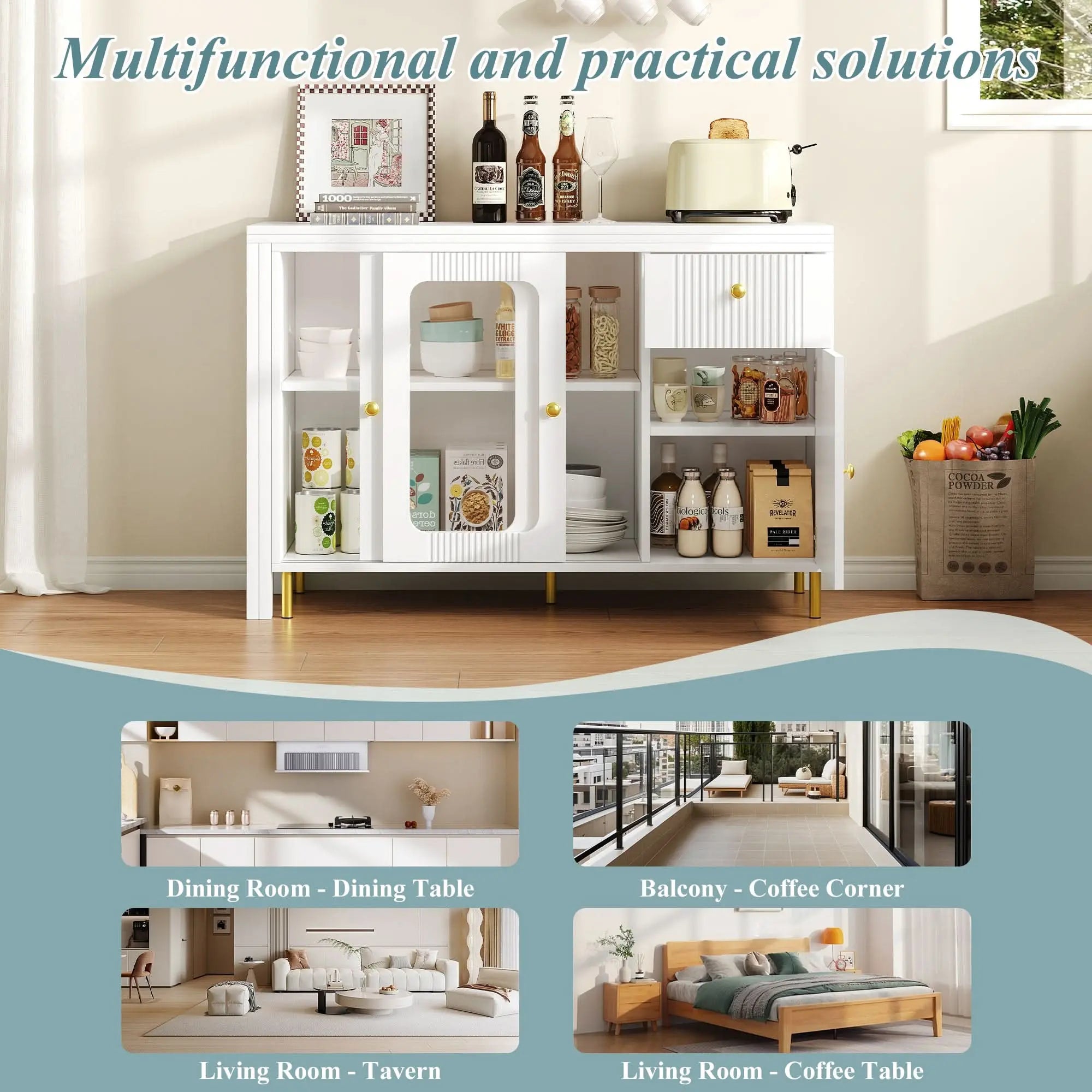 Bar Table,Multifunctional Dining & Bar Cabinet With Rotating Extendable Tabletop , Storage Cabinet With  Glass  Doors,  For Dining Room Kitchen  Living Room Haslam Living