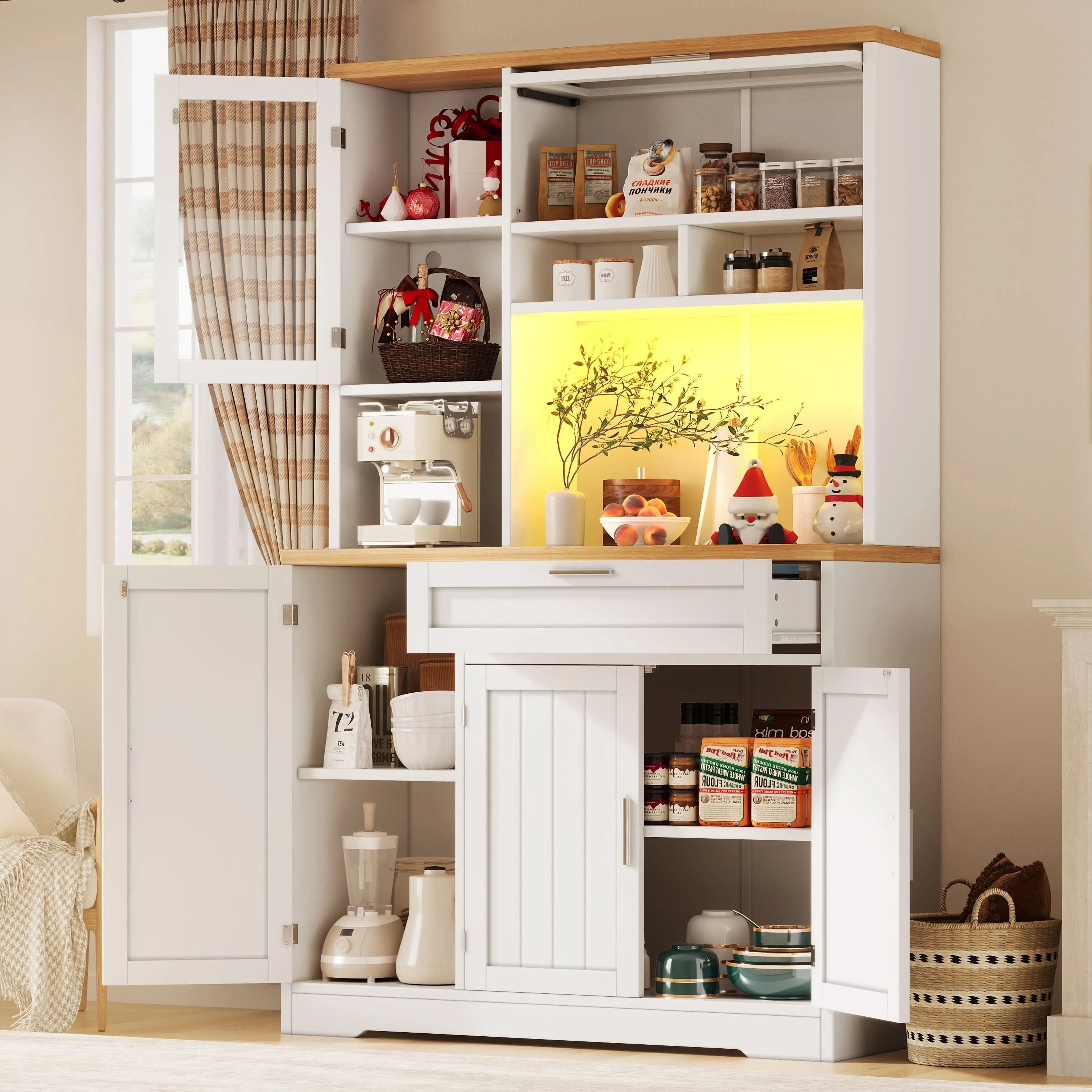 Tall Display Cabinet With LED Lighting, Kitchen & Living Room Storage, White Black Haslam Living
