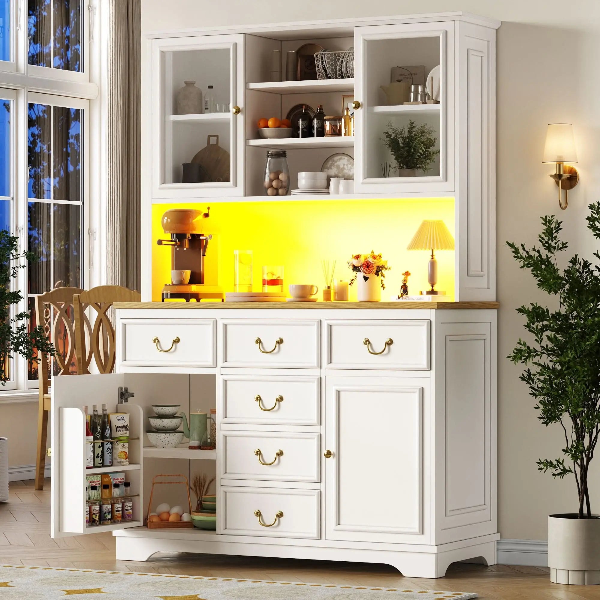 Tall Kitchen Cabinet With USB Ports And Sockets, Sideboard With LED Light Strip, Kitchen Cabinet, Storage Cabinet With Snack Shelf Doors, Sideboard, Waste Bin Can Be Installed, White Haslam Living