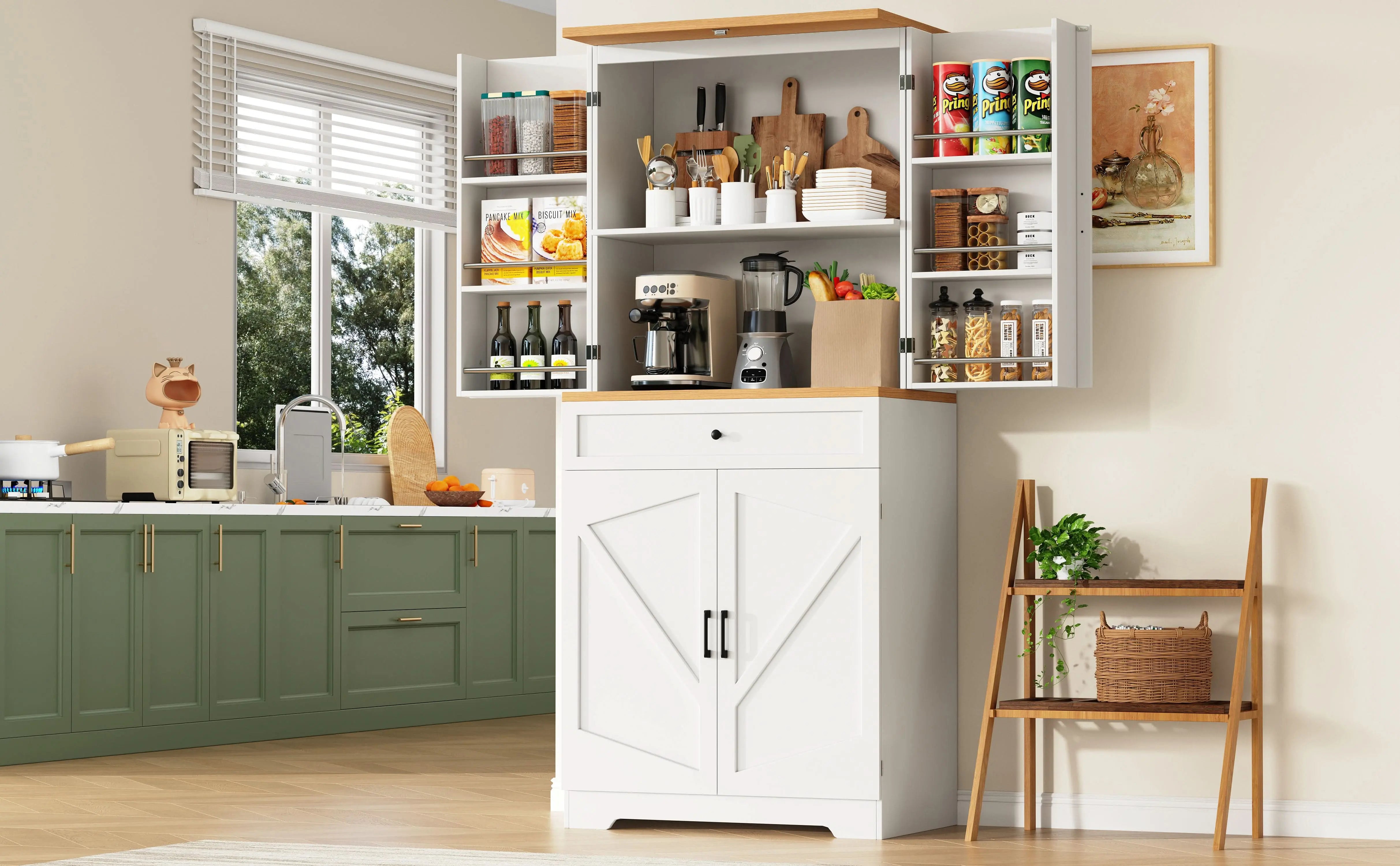 Snack Cabinet, Kitchen Cabinet, Tall Kitchen Sideboard, Storage Sideboard, Kitchen Sideboard With Door Frame, White, Suitable For Living Room, Kitchen, Dining Room Haslam Living