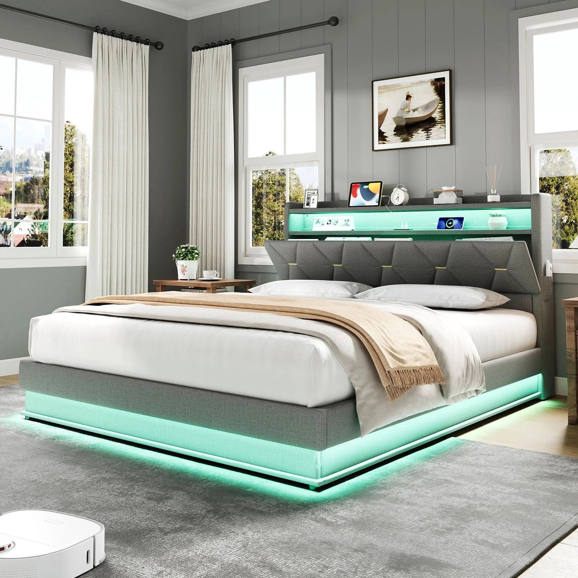 4ft6 Double Upholstered Bed Frame With Hydraulic Storage,  LED Headboard With Charging Station And Concealed Headboard Storage, USB And Type - C Ports, Linen, No Box Spring Needed, Grey, No Mattress Haslam Living