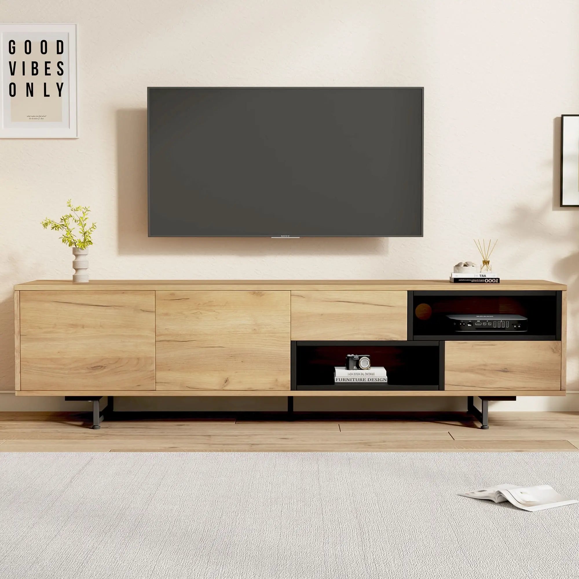 Living Room TV Cabinet,multi-functional Storage Cabinet, Made Of Wood Grain Particleboard, With Open Storage Space Featuring Two Drawers And Two Cabinet Doors, Suitable For A 70-inch TV Haslam Living