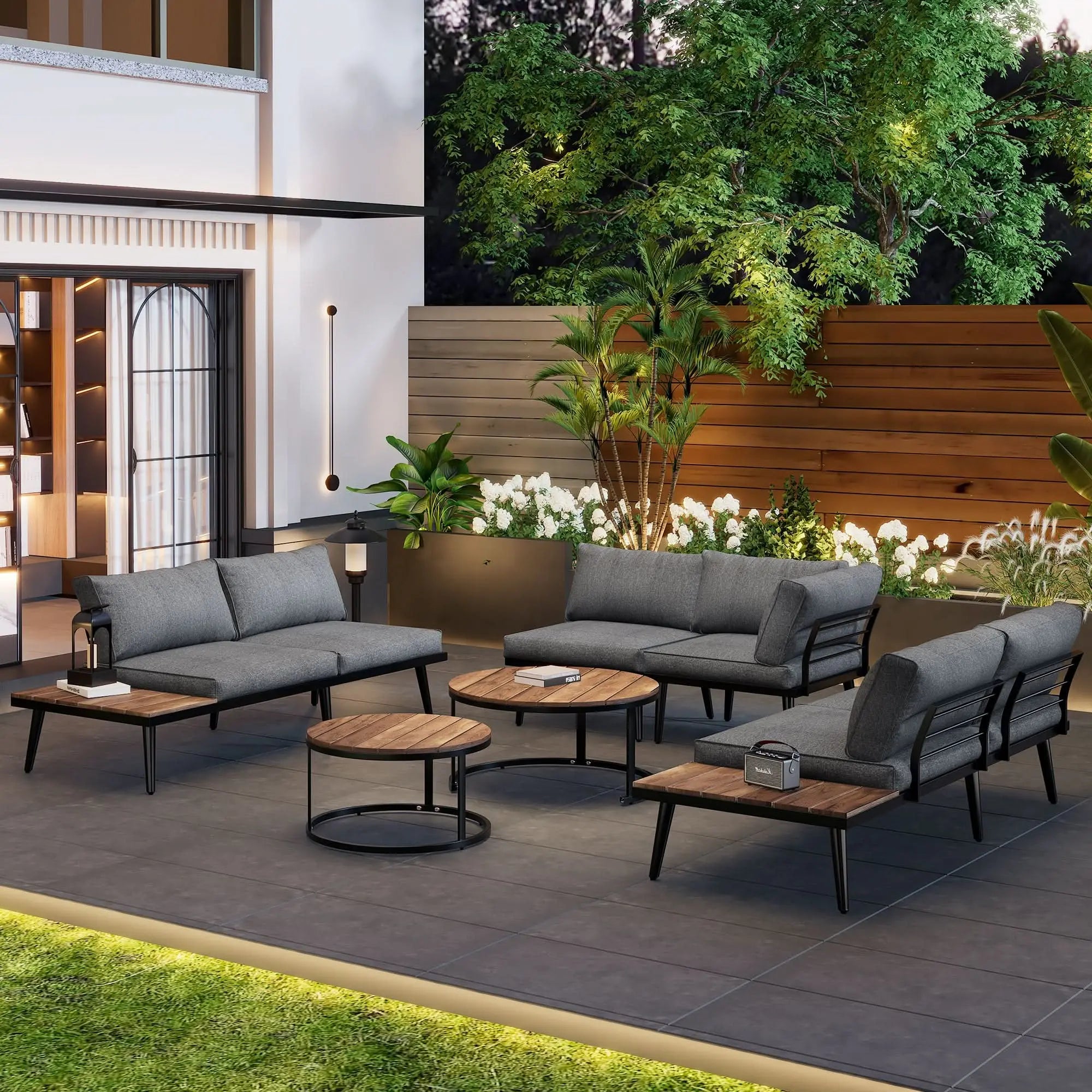 Modular Outdoor Sofa Set With Galvanized Iron Frame, Washable Cushions, Acacia Wood Nesting Tables, For Patio & Garden Haslam Living