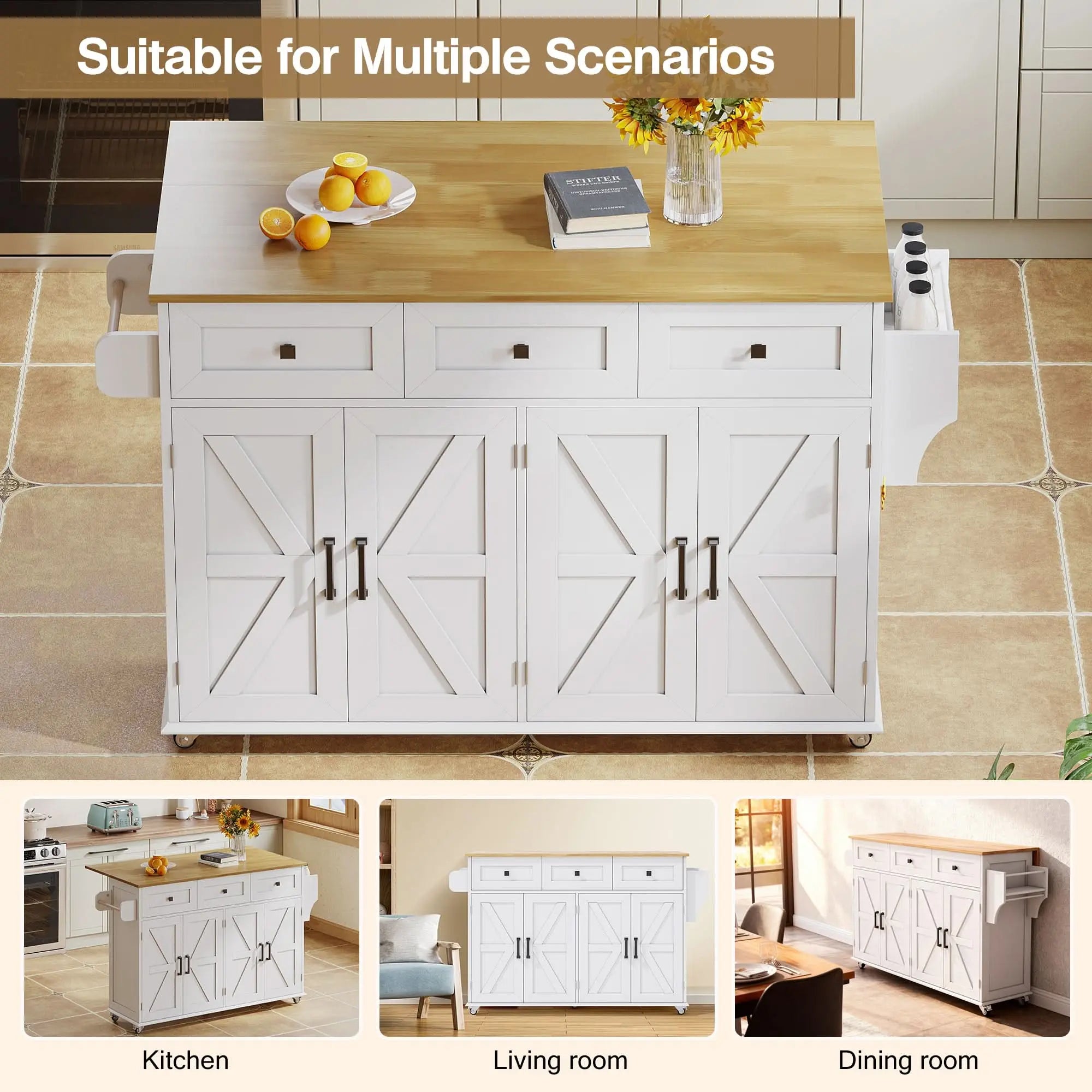 Kitchen Island With Foldable Countertop,  5 Lockable Wheels, 4 Doors, 3 Drawers, Door Shelf, Storage Racks, Towel Holder, Barn Style Design, White Haslam Living