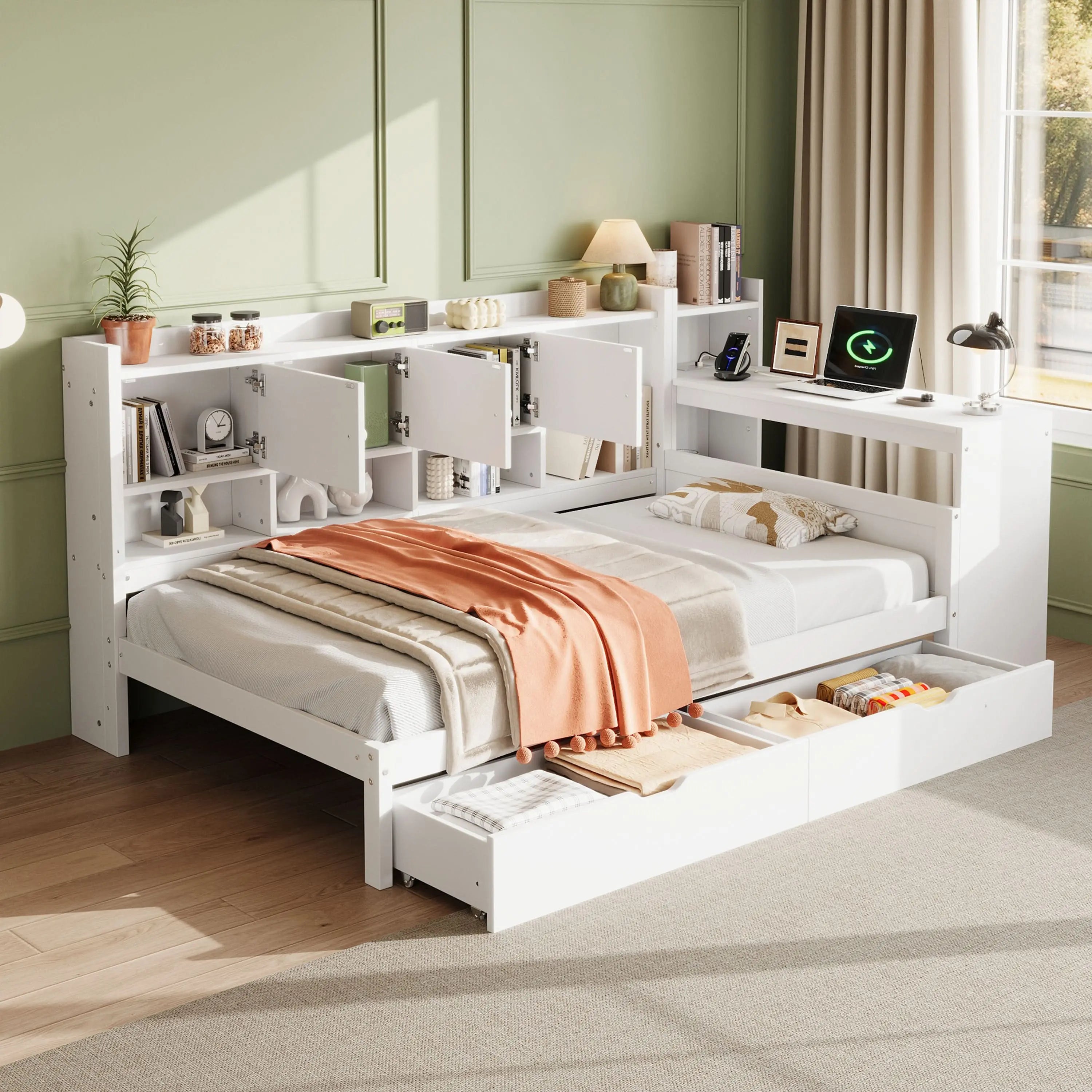 3ft Single Daybed With Storage Drawers And Bookcase, Modern Bed Frame With Charging Station And Integrated Desk, Wood Bed For Living Room Bedroom Study Room, Two Assembly Methods, White, No Mattress Haslam Living