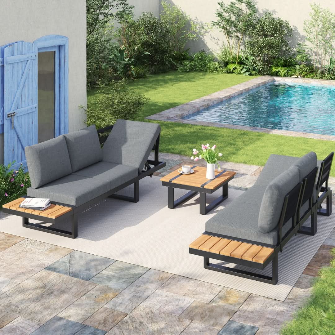 5-6 Seater Garden Lounge Set, Galvanized Iron Frame Outdoor Patio Furniture, 5-Piece Set, Reclining & Adjustable Seating, WPC Tabletop Table Included, Grey Fabric  Gray Frame Haslam Living