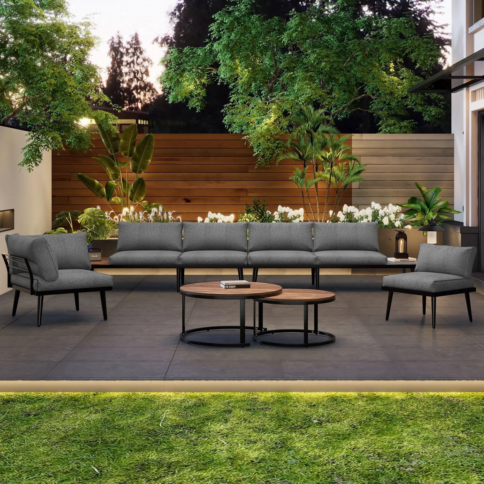 Modular Outdoor Sofa Set With Galvanized Iron Frame, Washable Cushions, Acacia Wood Nesting Tables, For Patio & Garden Haslam Living
