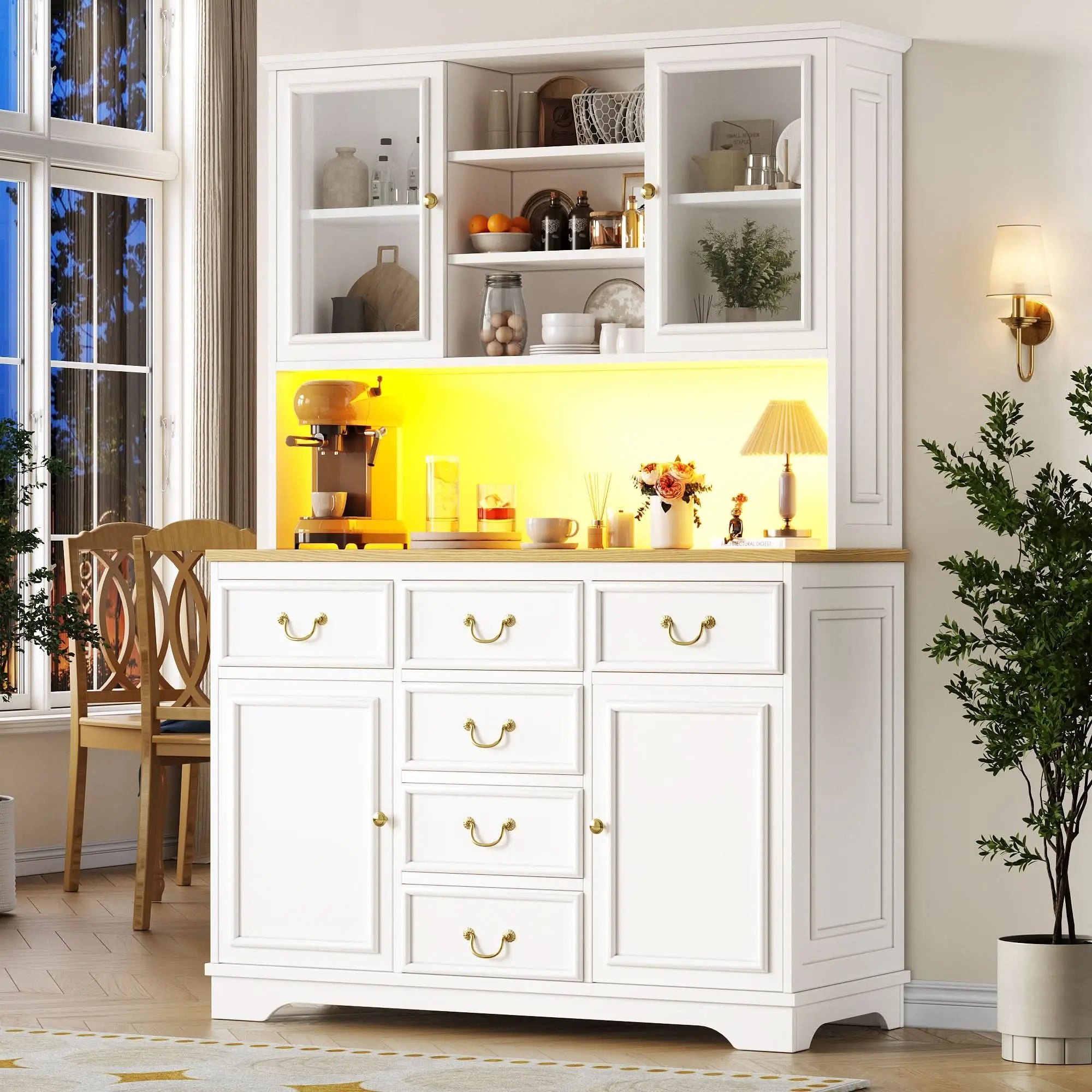 Tall Kitchen Cabinet With USB Ports And Sockets, Sideboard With LED Light Strip, Kitchen Cabinet, Storage Cabinet With Snack Shelf Doors, Sideboard, Waste Bin Can Be Installed, White Haslam Living