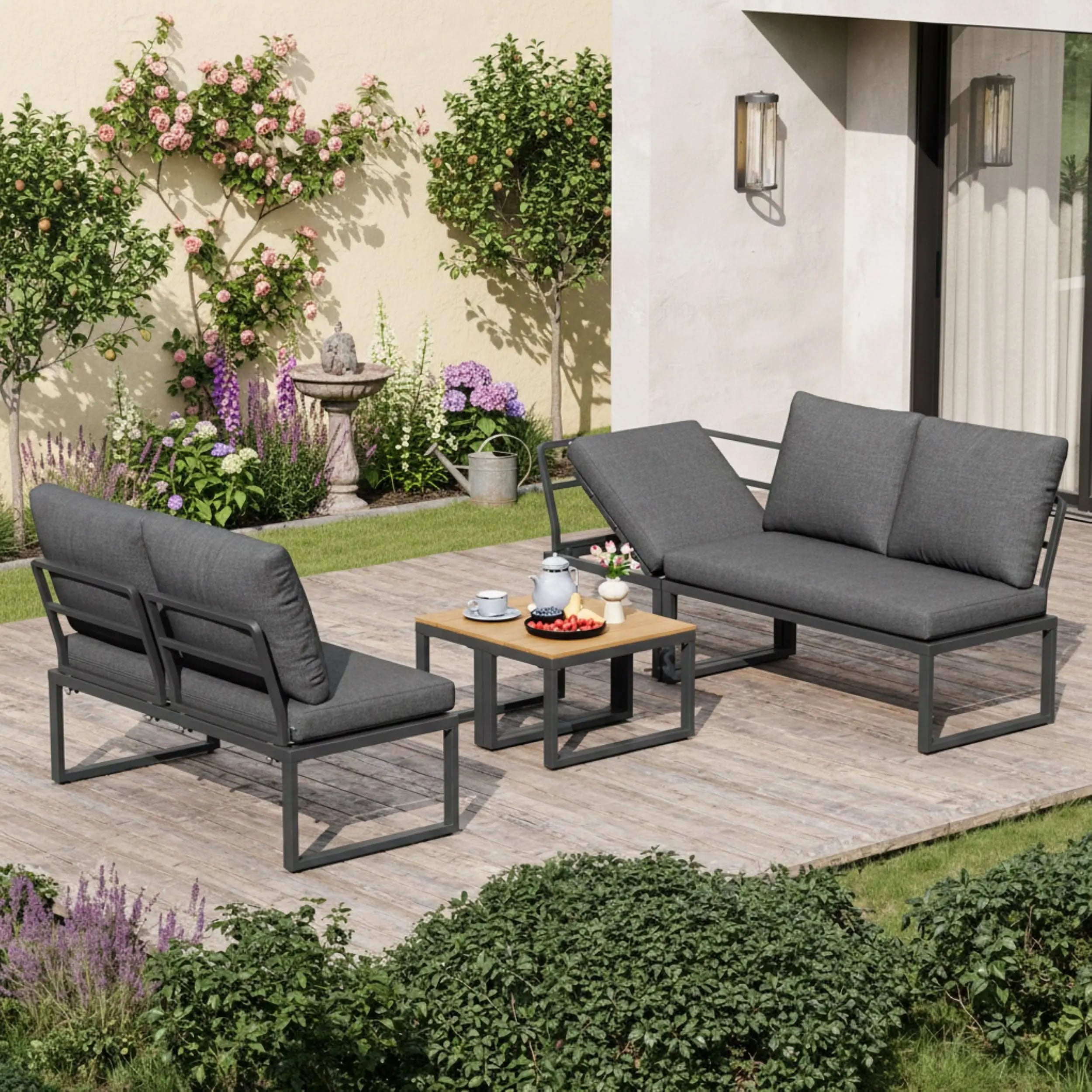 4-5 Seater Garden Outdoor Set With Flexibly Convertible Plastic Wood Tables, Adjustable Corner Sofa And Lounge Chair, Weather-Resistant Patio Furniture For Garden, Balcony And Terrace, Linen, Grey Haslam Living