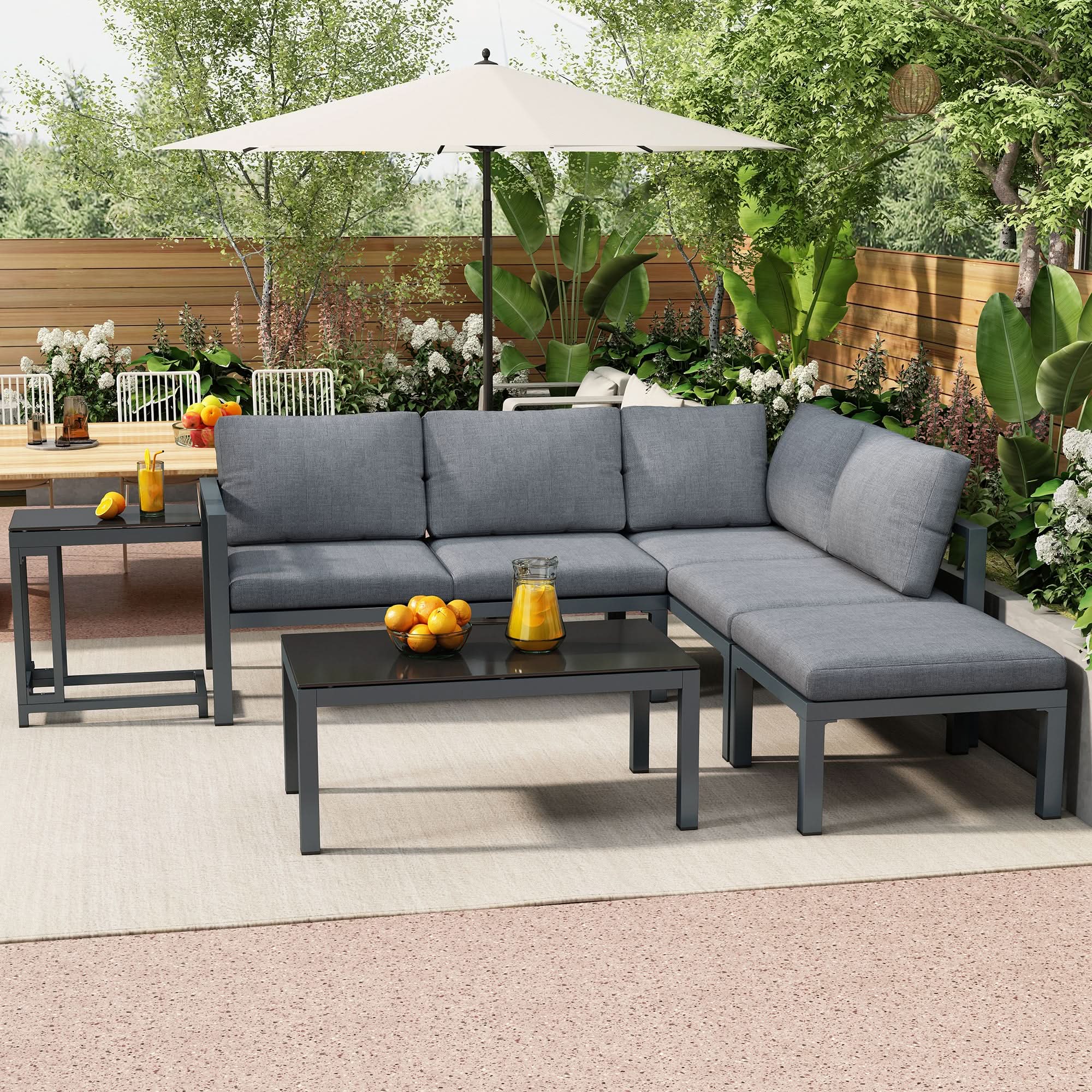 Outdoor Garden Terrace Lounge Sofa Set, Garden Furniture For 4-5 People With Side Table And Coffee Table, Corner Sofa, All-weather Lounge Furniture, Grey, All Cushions Included Haslam Living
