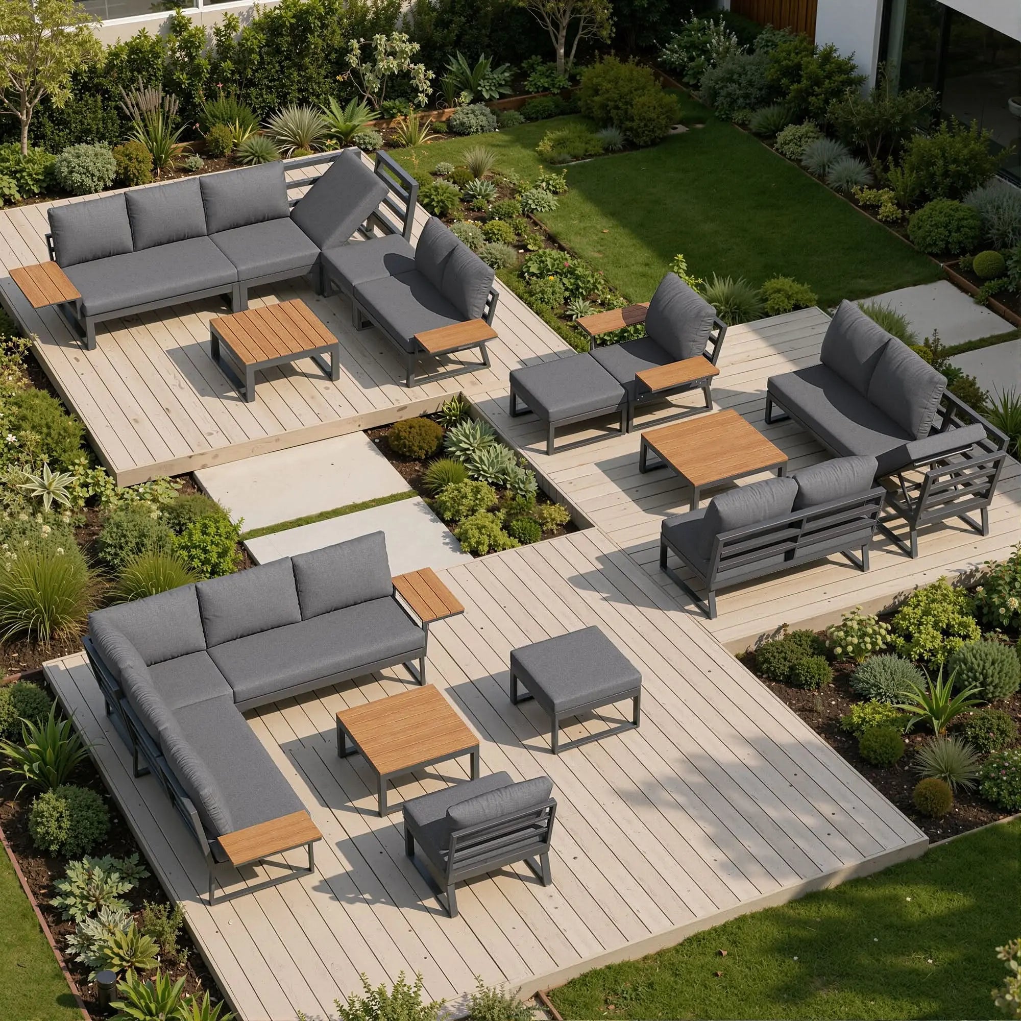 L-Shaped Garden Sofa Set With Wooden Armrests  Weather-Resistant Corner Suite & Daybed Made Of Iron  Including Wooden Table, Armchair & Stool, 7-Person  With Cushions  Gray Haslam Living