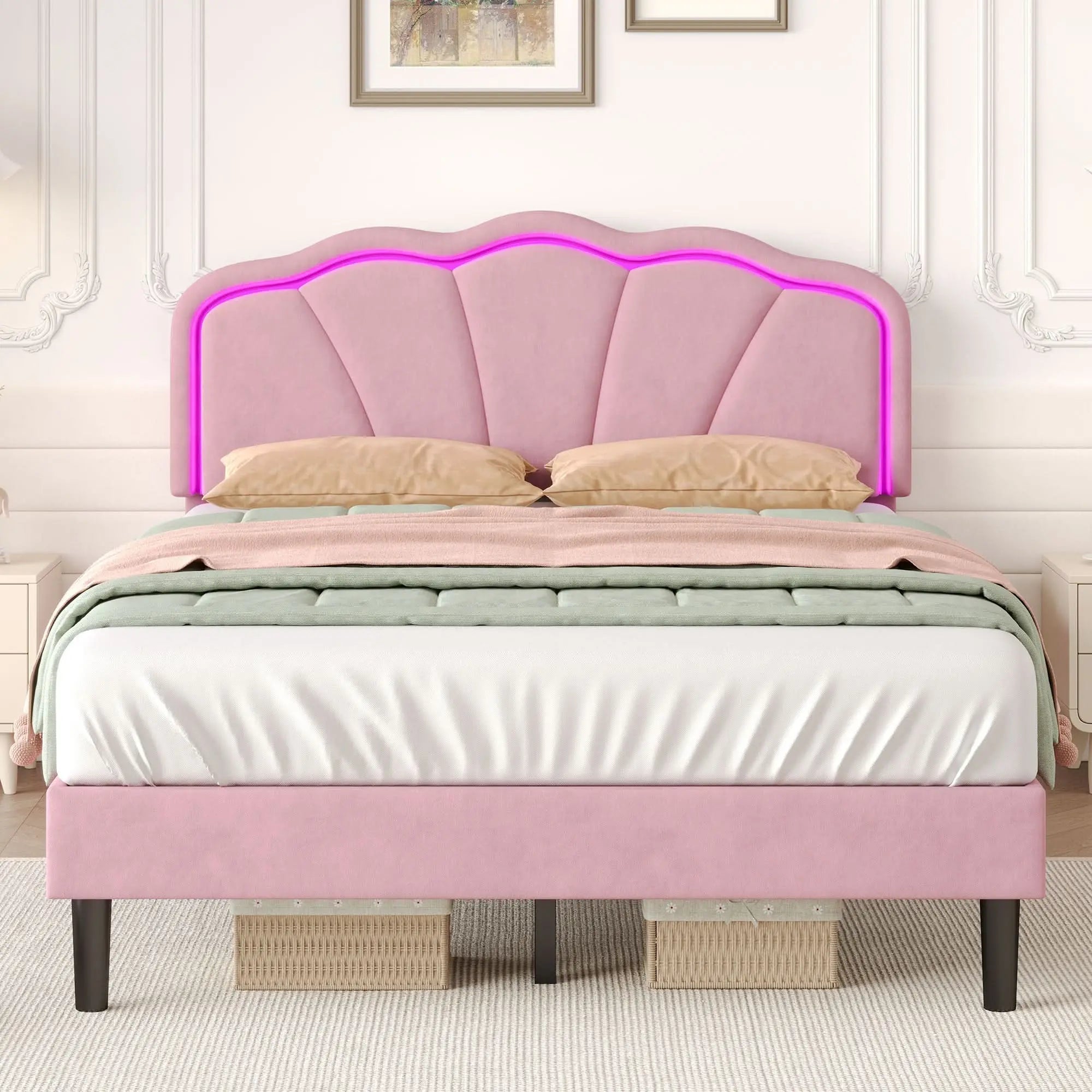 4ft6 Double Upholstered Bed With LED Adjustable Shell Shape Headboard, Soft Velvet Bed Frame With Solid Wood Slat, No Box Spring Needed, Easy Assembly,  No Mattress Haslam Living