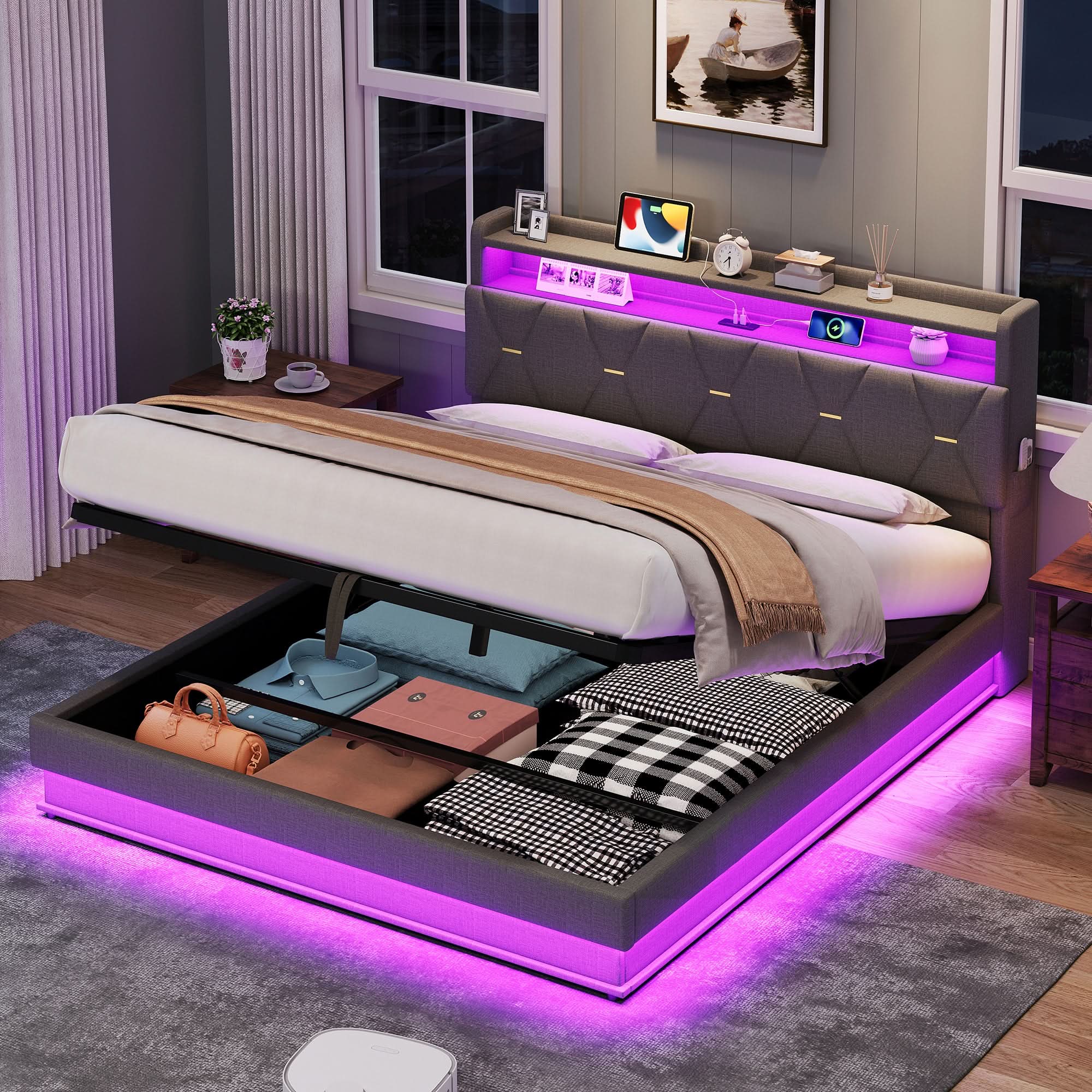 4ft6 Double Upholstered Bed Frame With Hydraulic Storage,  LED Headboard With Charging Station And Concealed Headboard Storage, USB And Type - C Ports, Linen, No Box Spring Needed, Grey, No Mattress Haslam Living