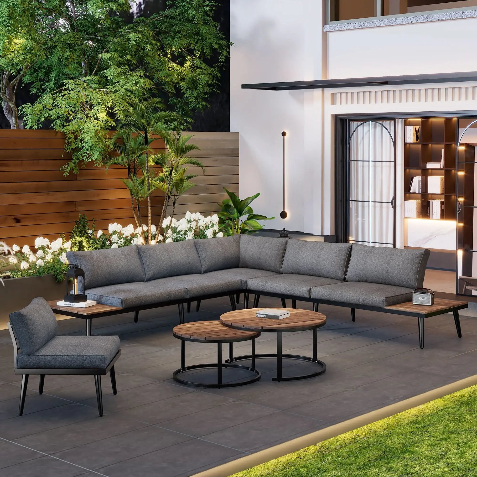 Modular Outdoor Sofa Set With Galvanized Iron Frame, Washable Cushions, Acacia Wood Nesting Tables, For Patio & Garden Haslam Living