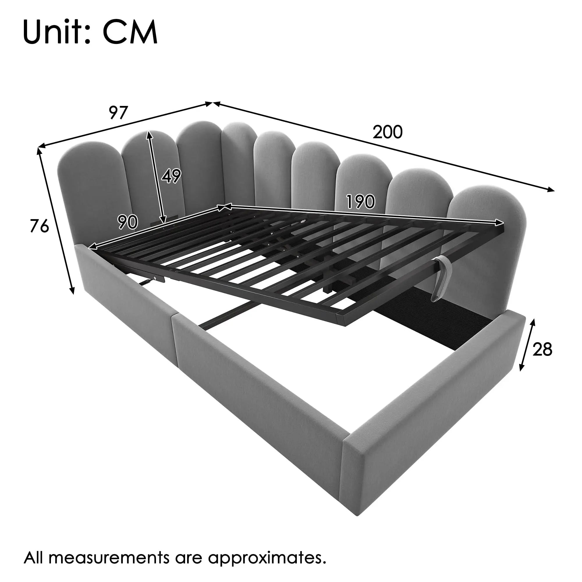 Upholstered Bed Daybed With Storage, 3FT Single Sofa Bed, Daybed With Hydraulic Storage, Bed Frame With Metal Slatted Frame, Velvet, Grey, No Mattress Haslam Living