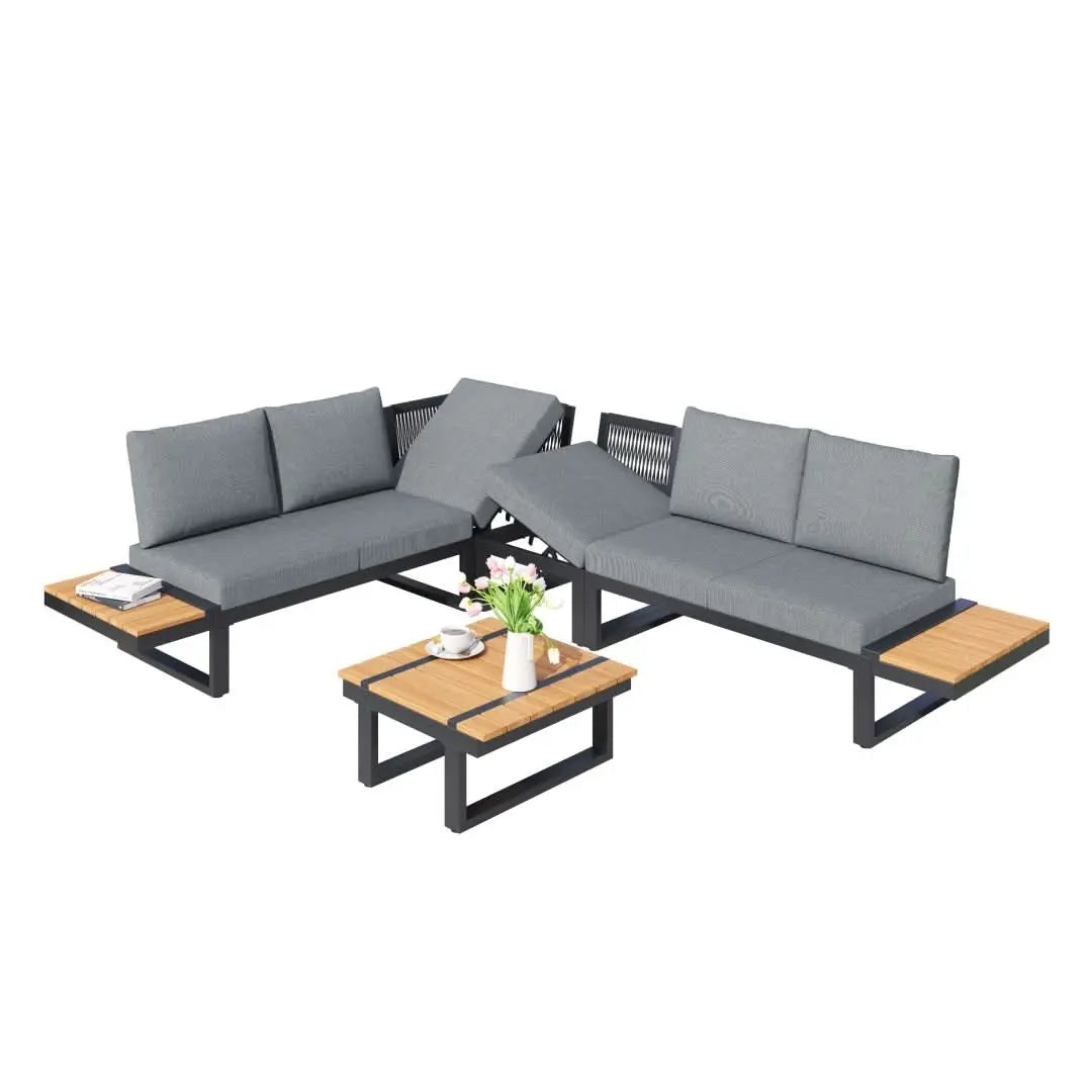 5-6 Seater Garden Lounge Set, Galvanized Iron Frame Outdoor Patio Furniture, 5-Piece Set, Reclining & Adjustable Seating, WPC Tabletop Table Included, Grey Fabric  Gray Frame Haslam Living