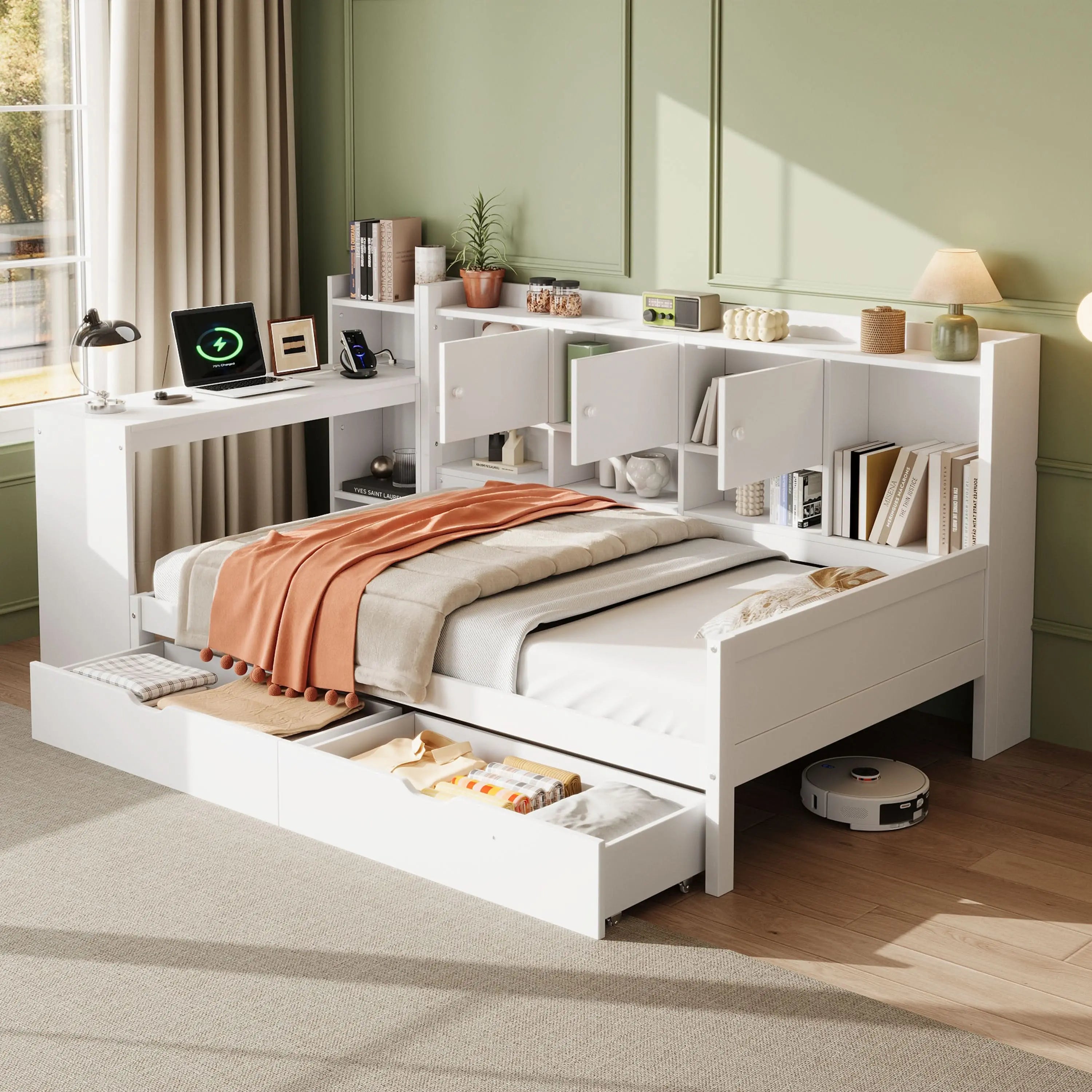 3ft Single Daybed With Storage Drawers And Bookcase, Modern Bed Frame With Charging Station And Integrated Desk, Wood Bed For Living Room Bedroom Study Room, Two Assembly Methods, White, No Mattress Haslam Living