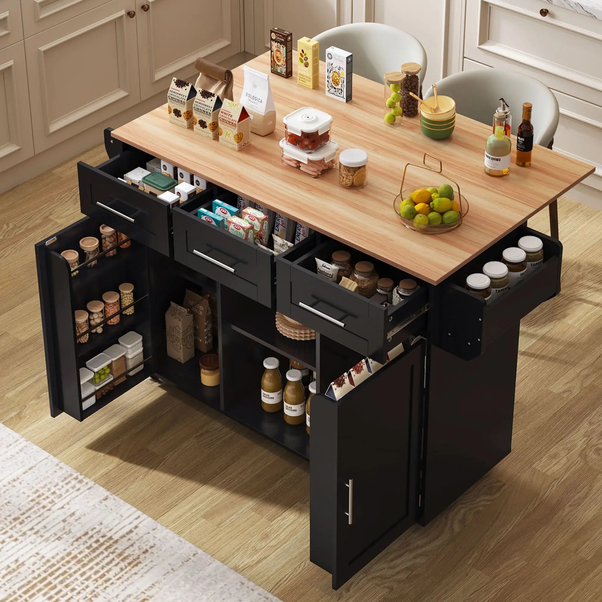 139x46  71x91.5 Cm Kitchen Island On Wheels,large Dining Cart, Trolley , Foldable Wood Grain Countertop, 3 Drawers, Interchangeable Wheels & Solid Wood Feet, For Dining Room Living Room Haslam Living