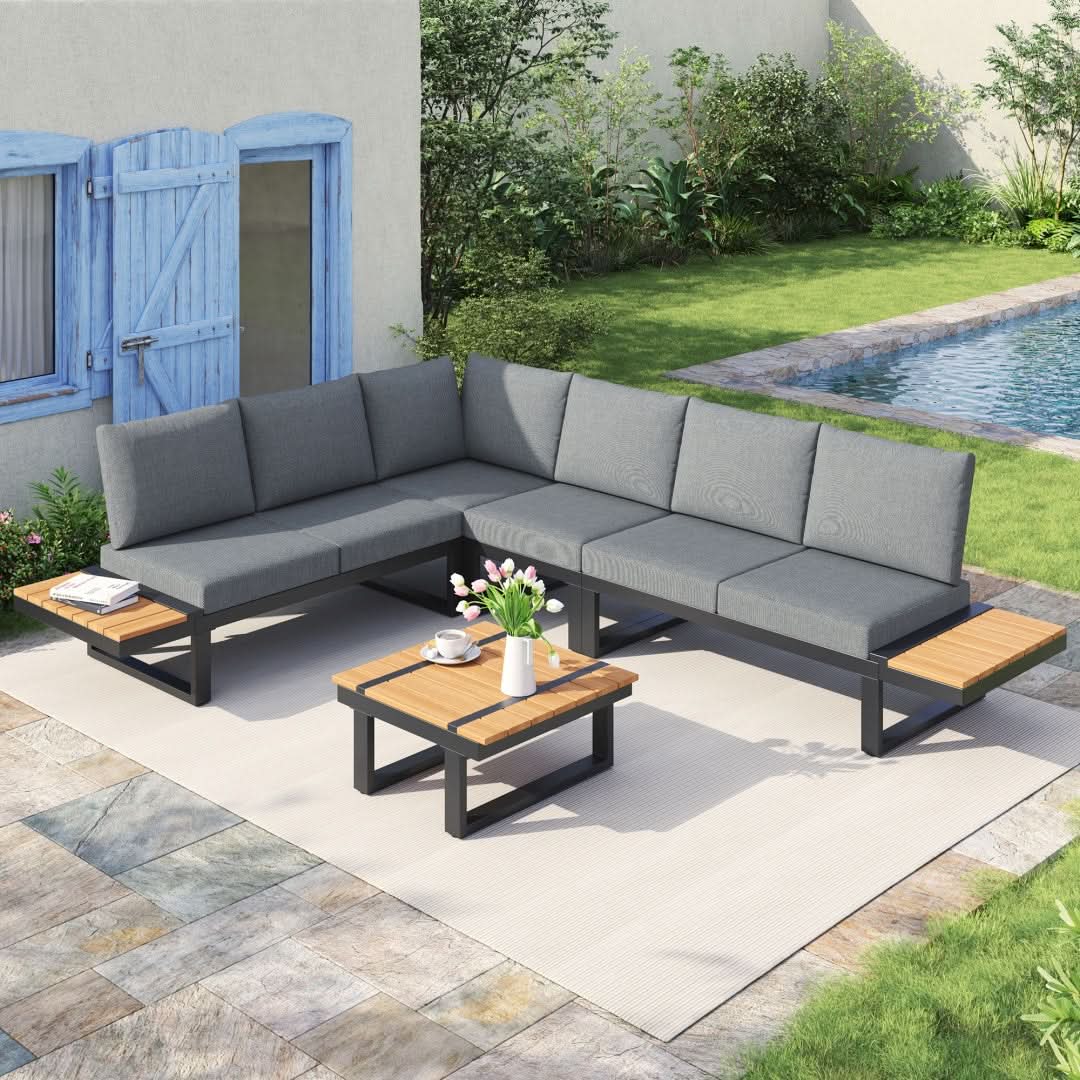 5-6 Seater Garden Lounge Set, Galvanized Iron Frame Outdoor Patio Furniture, 5-Piece Set, Reclining & Adjustable Seating, WPC Tabletop Table Included, Grey Fabric  Gray Frame Haslam Living